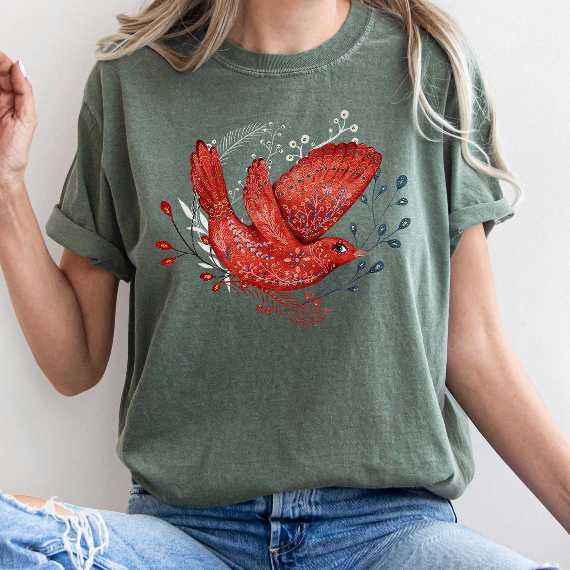 Red Bird Folk Art Scandinavian Winter Christmas Scene Vintage Comfort Colors Tee