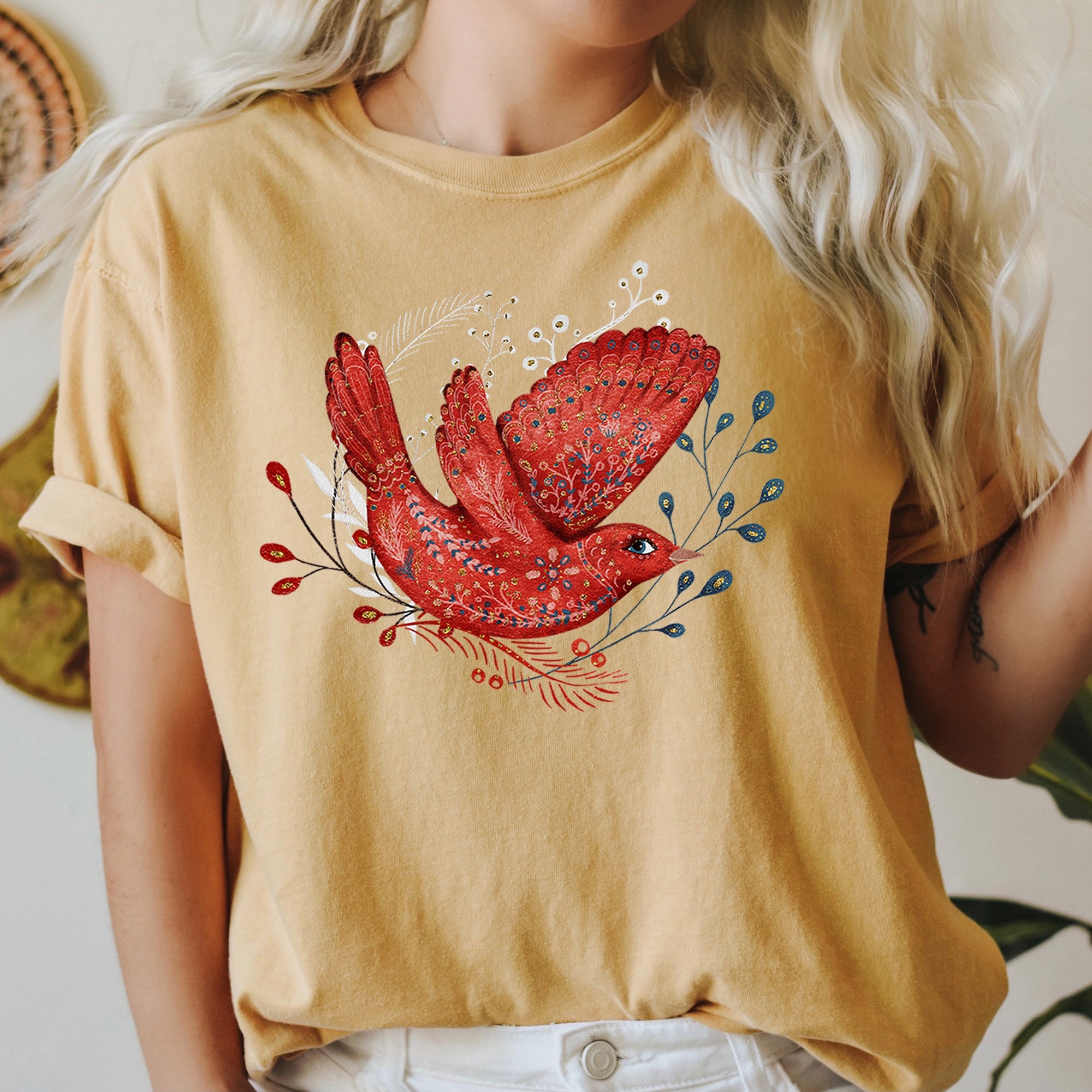 Red Bird Folk Art Scandinavian Winter Christmas Scene Vintage Comfort Colors Tee