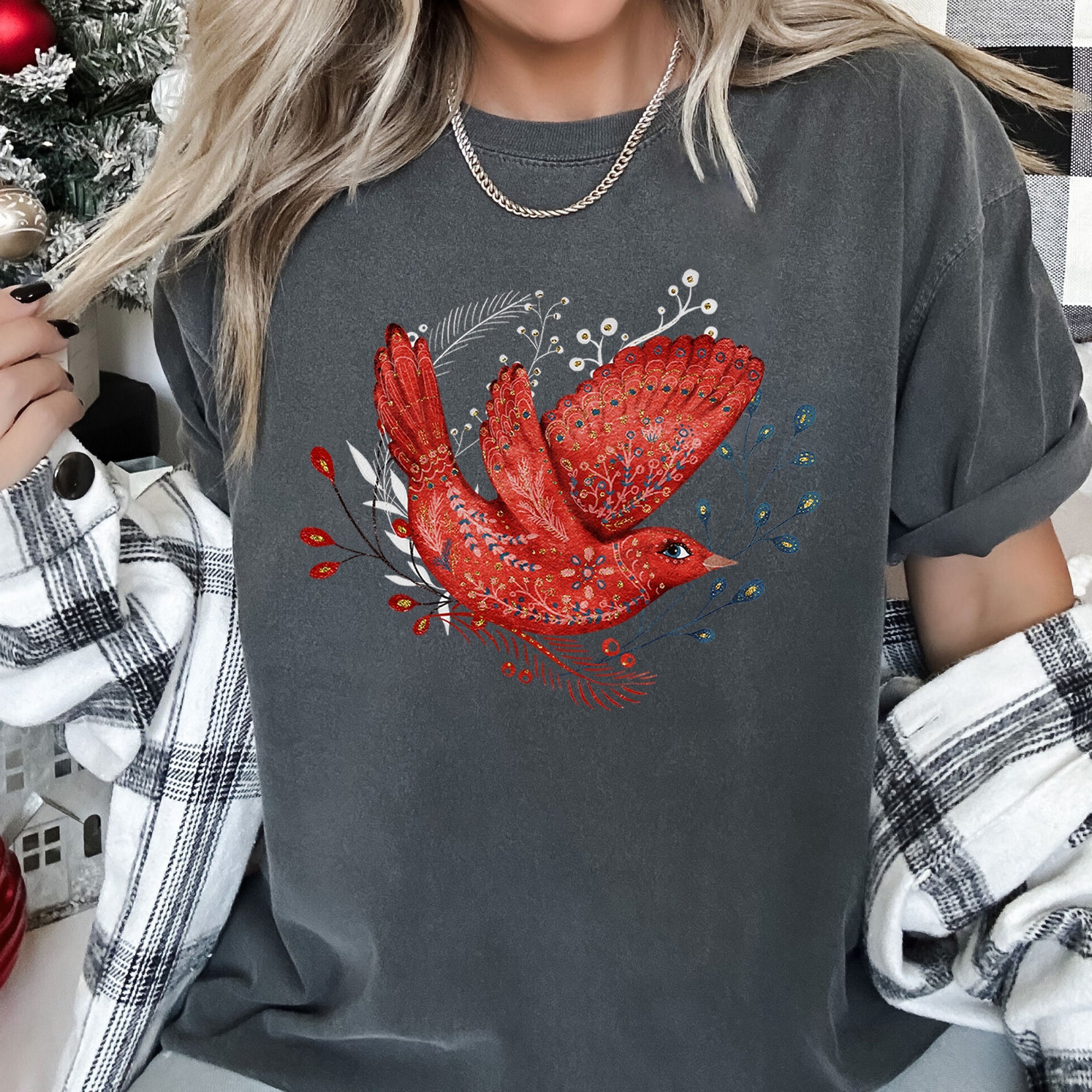 Red Bird Folk Art Scandinavian Winter Christmas Scene Vintage Comfort Colors Tee