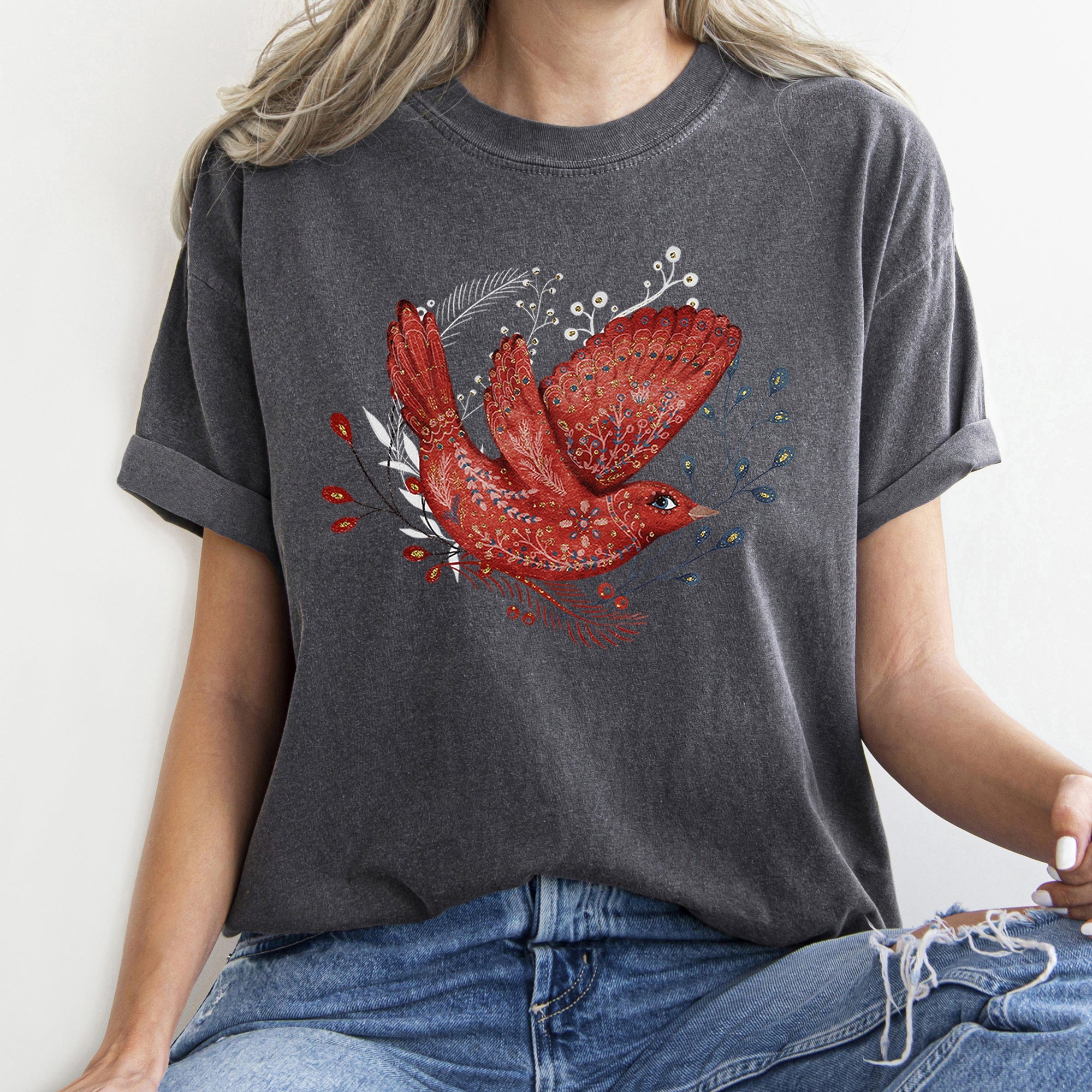 Red Bird Folk Art Scandinavian Winter Christmas Scene Vintage Comfort Colors Tee