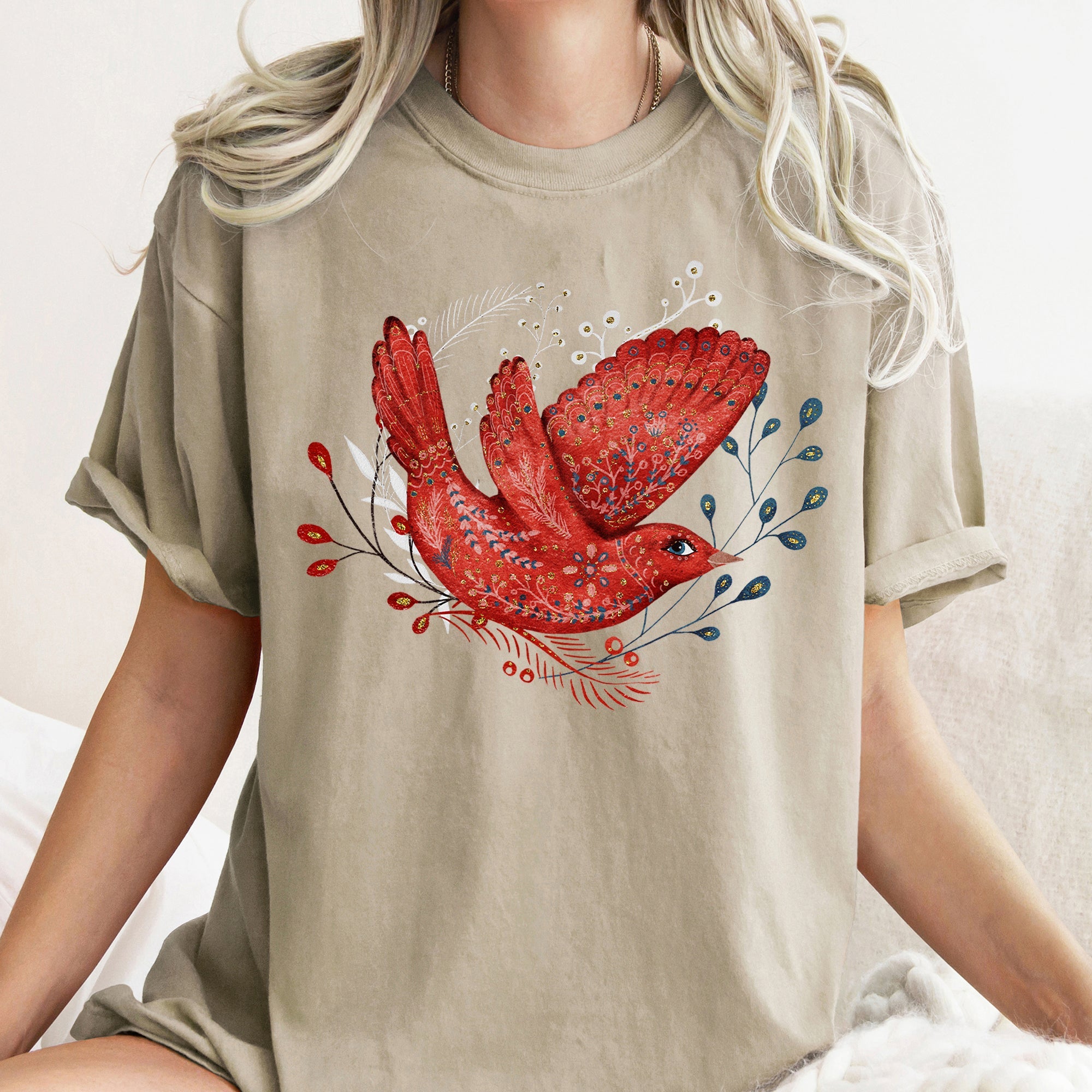 Red Bird Folk Art Scandinavian Winter Christmas Scene Vintage Comfort Colors Tee