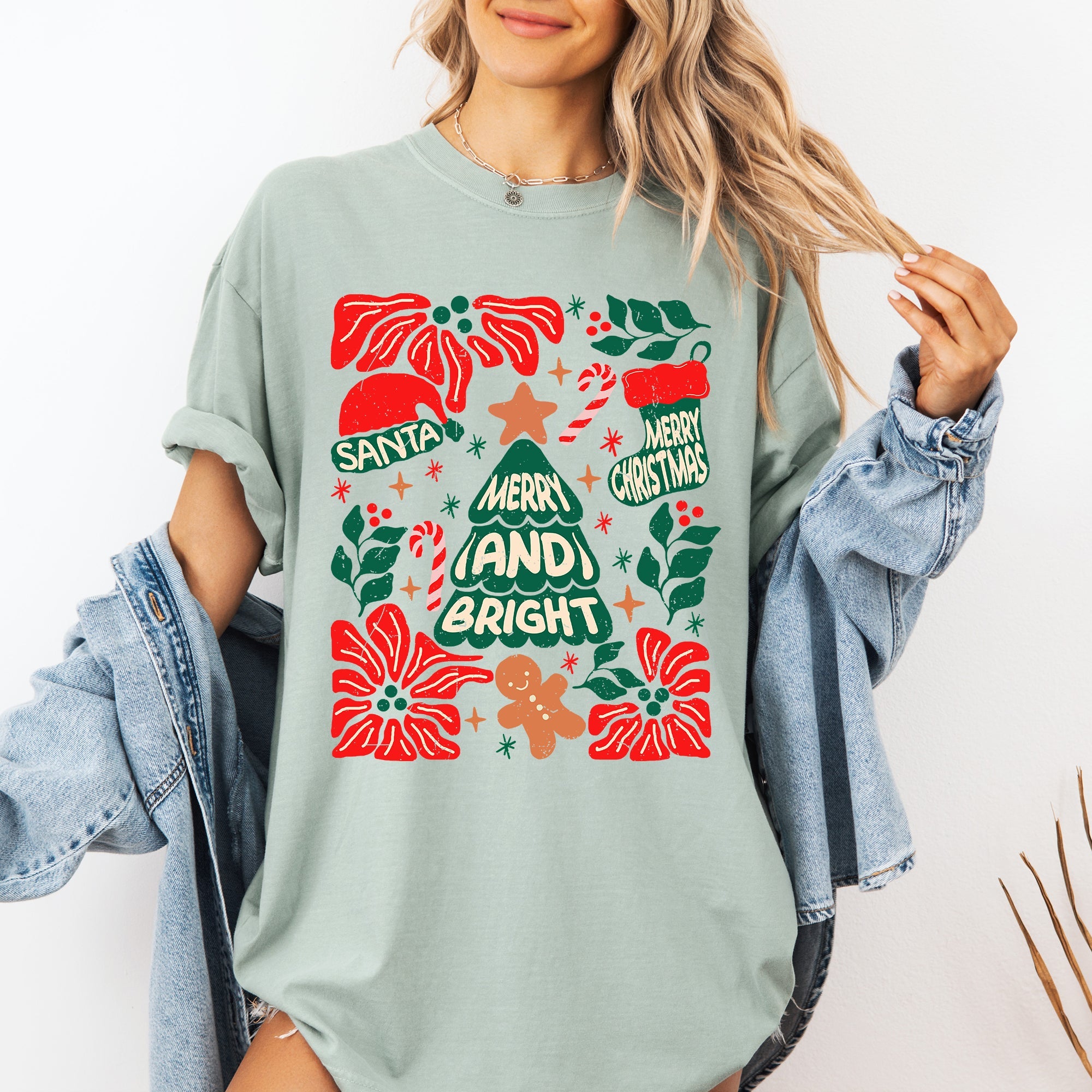 Merry And Bright Candy Cane Tree Floral Christmas Theme Featuring Vintage Floral Accents Comfort Colors Tee