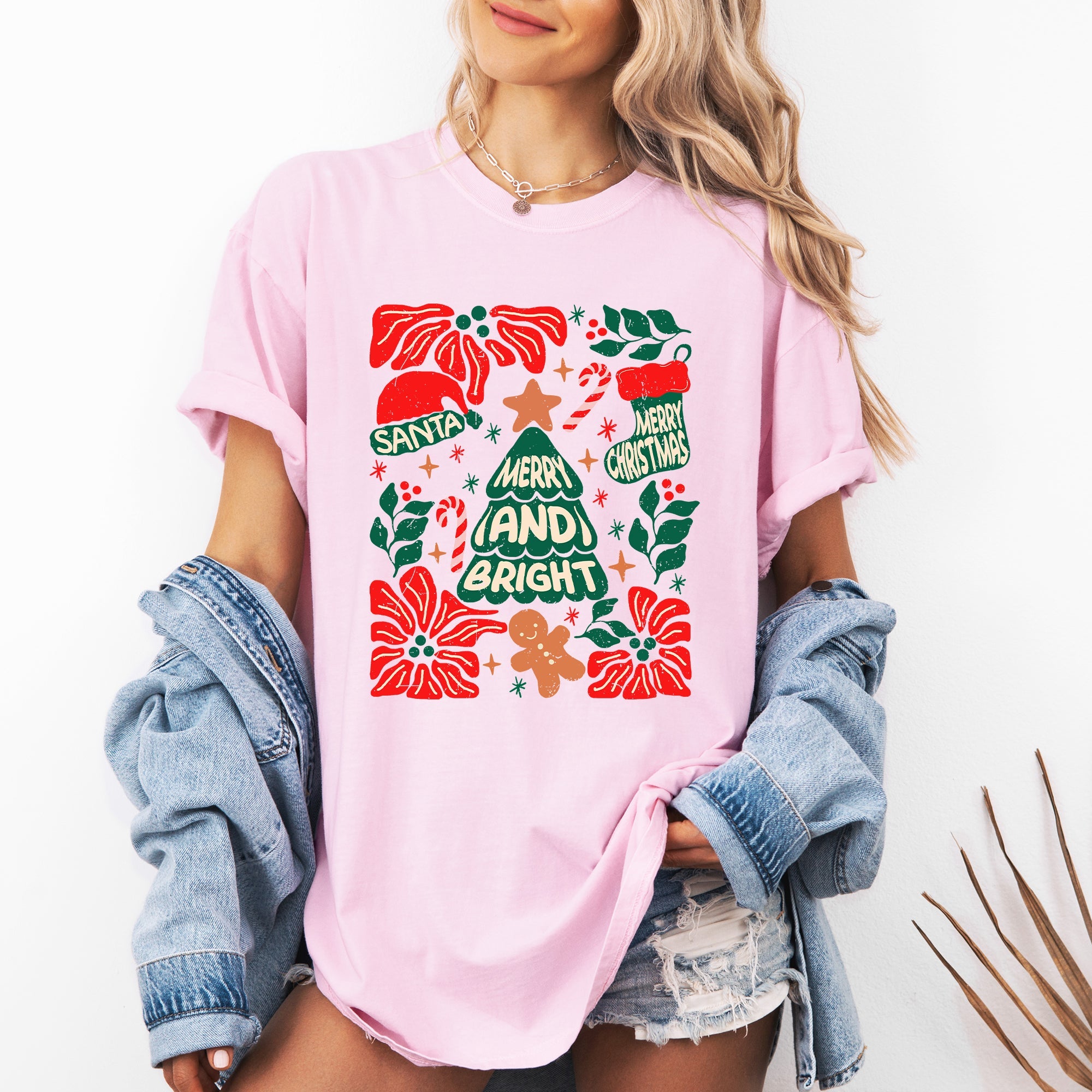 Merry And Bright Candy Cane Tree Floral Christmas Theme Featuring Vintage Floral Accents Comfort Colors Tee