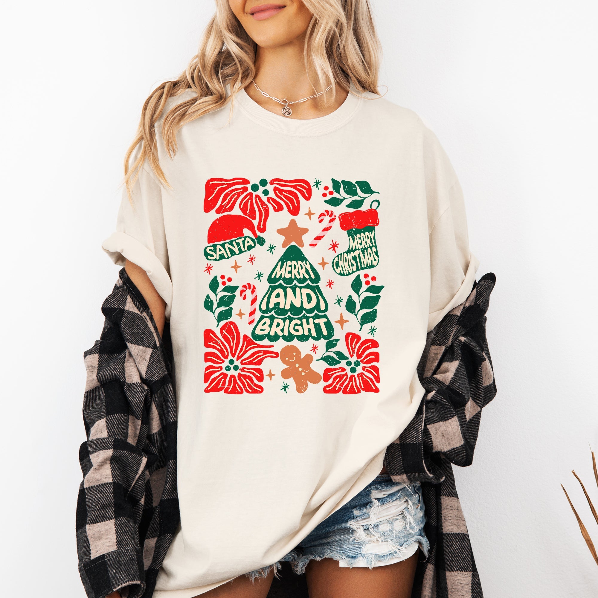 Merry And Bright Candy Cane Tree Floral Christmas Theme Featuring Vintage Floral Accents Comfort Colors Tee