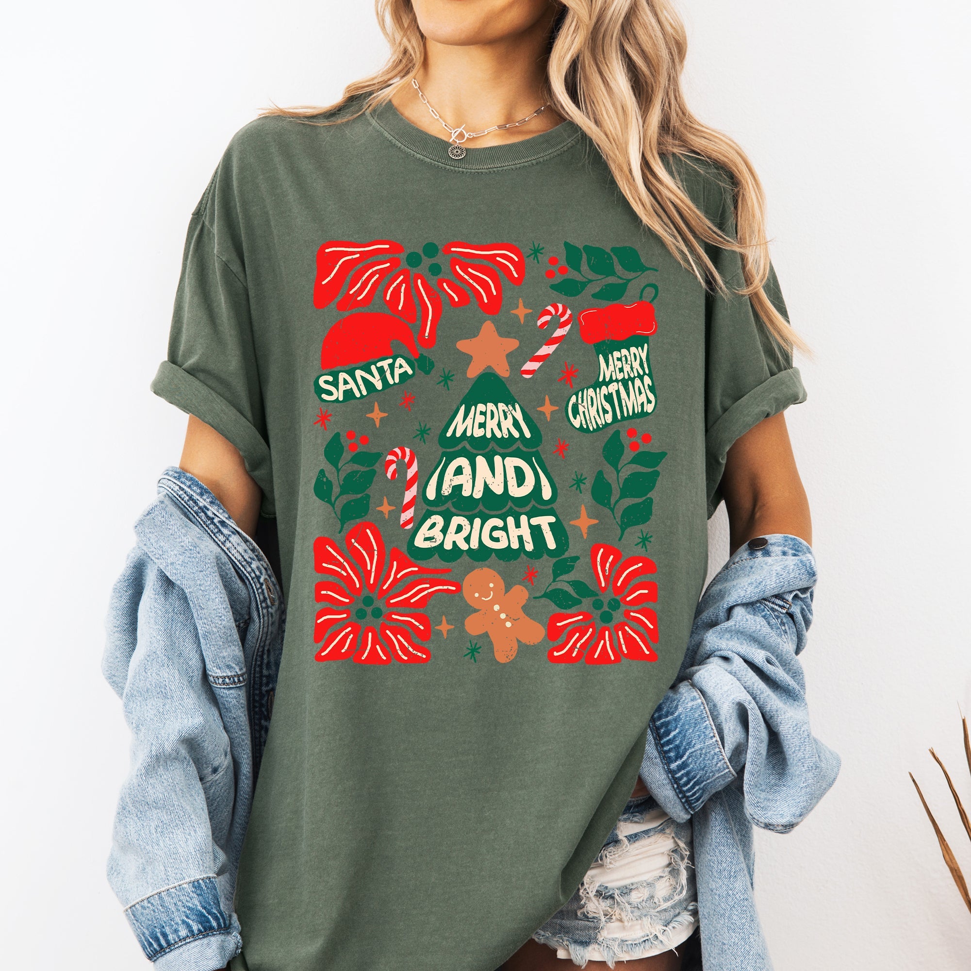 Merry And Bright Candy Cane Tree Floral Christmas Theme Featuring Vintage Floral Accents Comfort Colors Tee