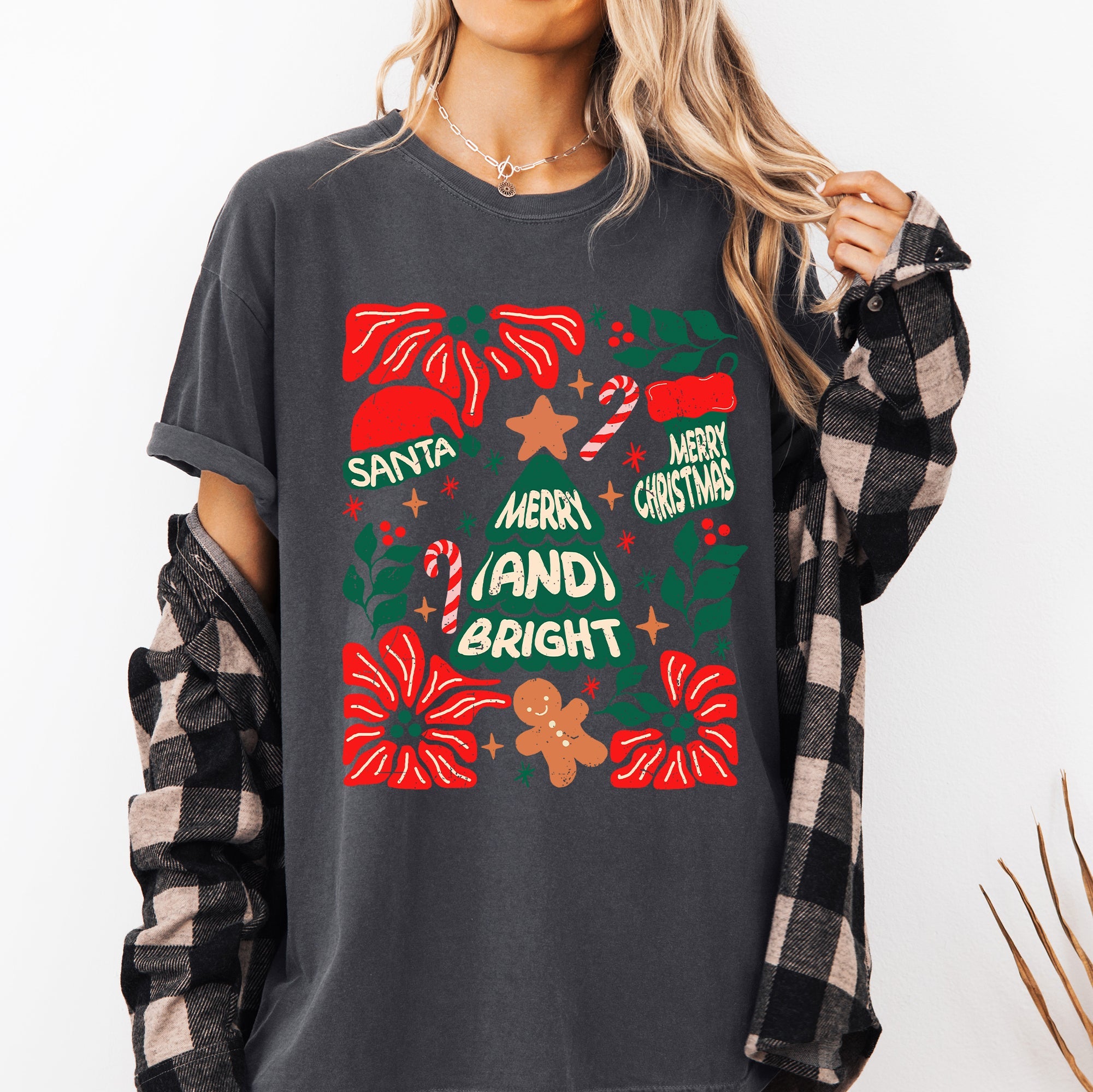 Merry And Bright Candy Cane Tree Floral Christmas Theme Featuring Vintage Floral Accents Comfort Colors Tee