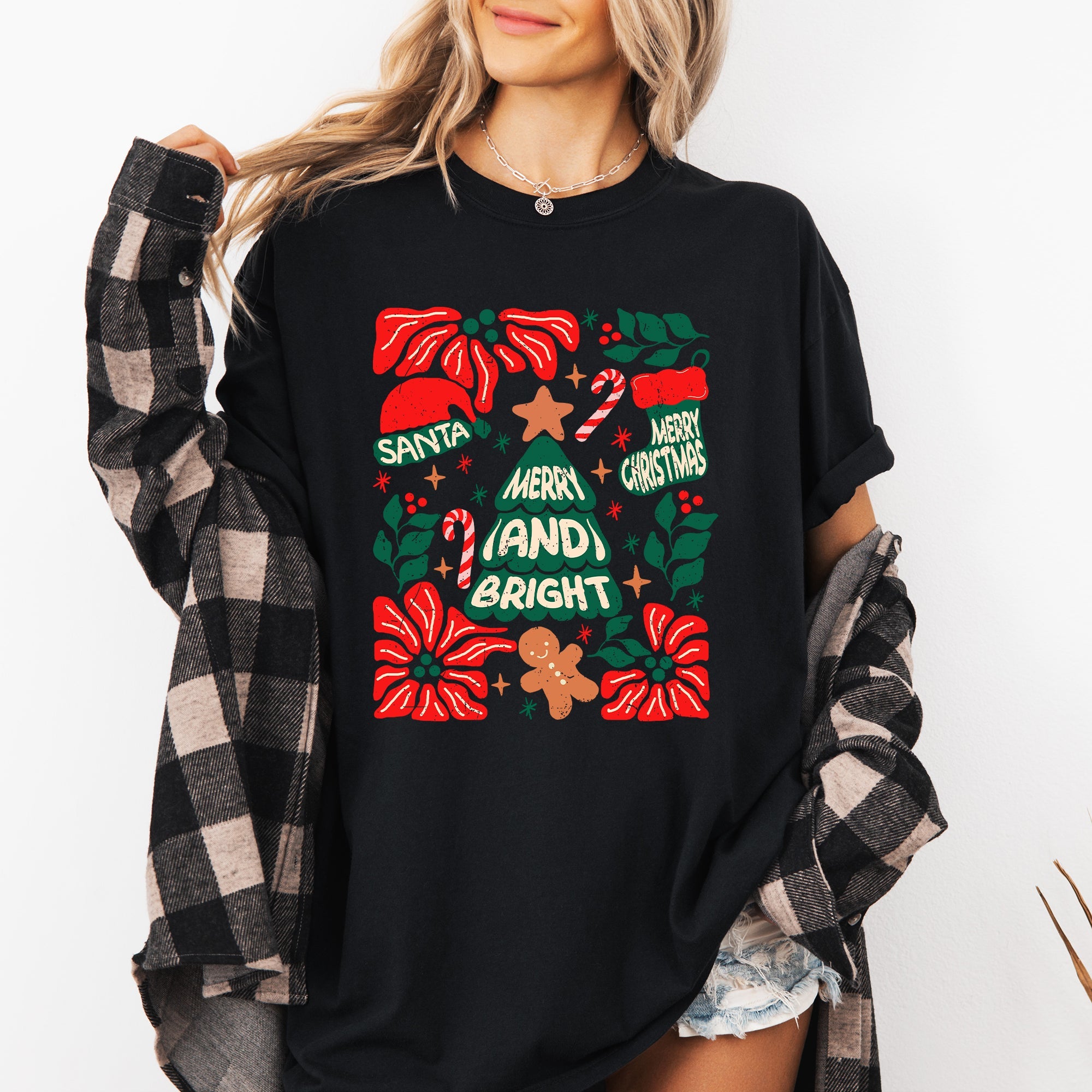 Merry And Bright Candy Cane Tree Floral Christmas Theme Featuring Vintage Floral Accents Comfort Colors Tee