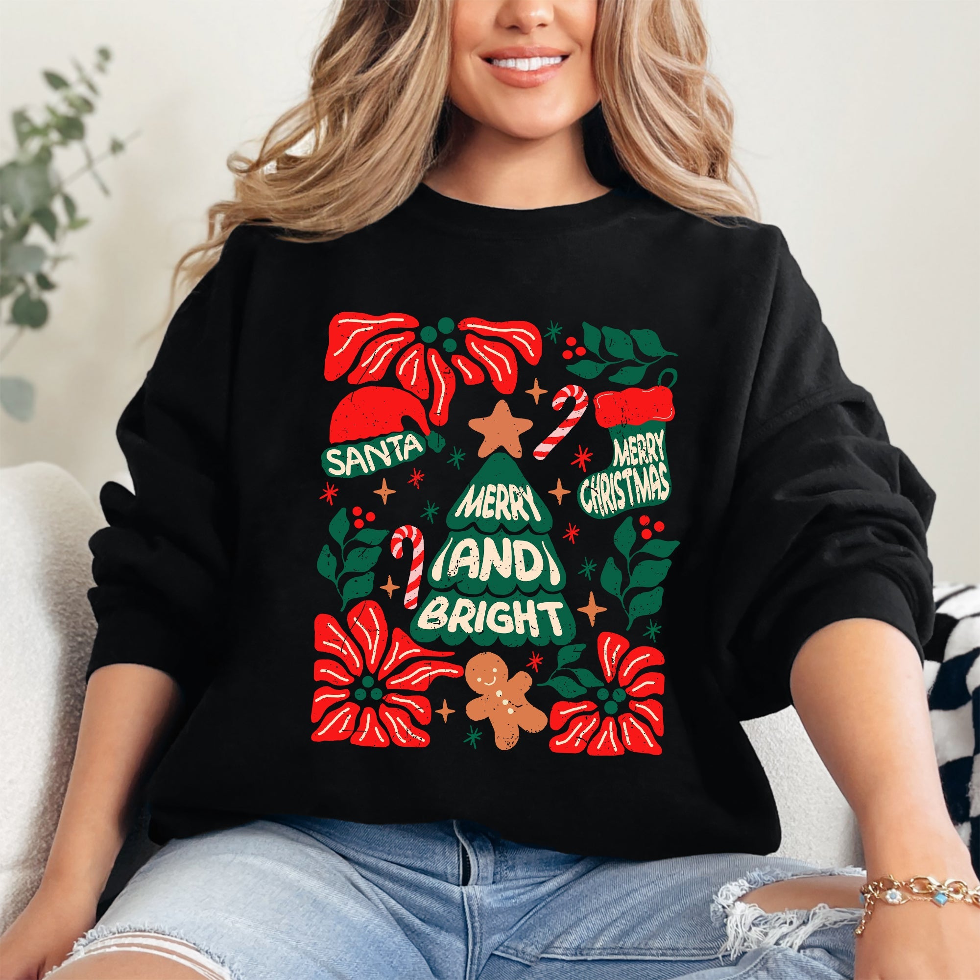 Merry And Bright Christmas Candy Cane Tree Floral Holiday Cheer Design Sweatshirt