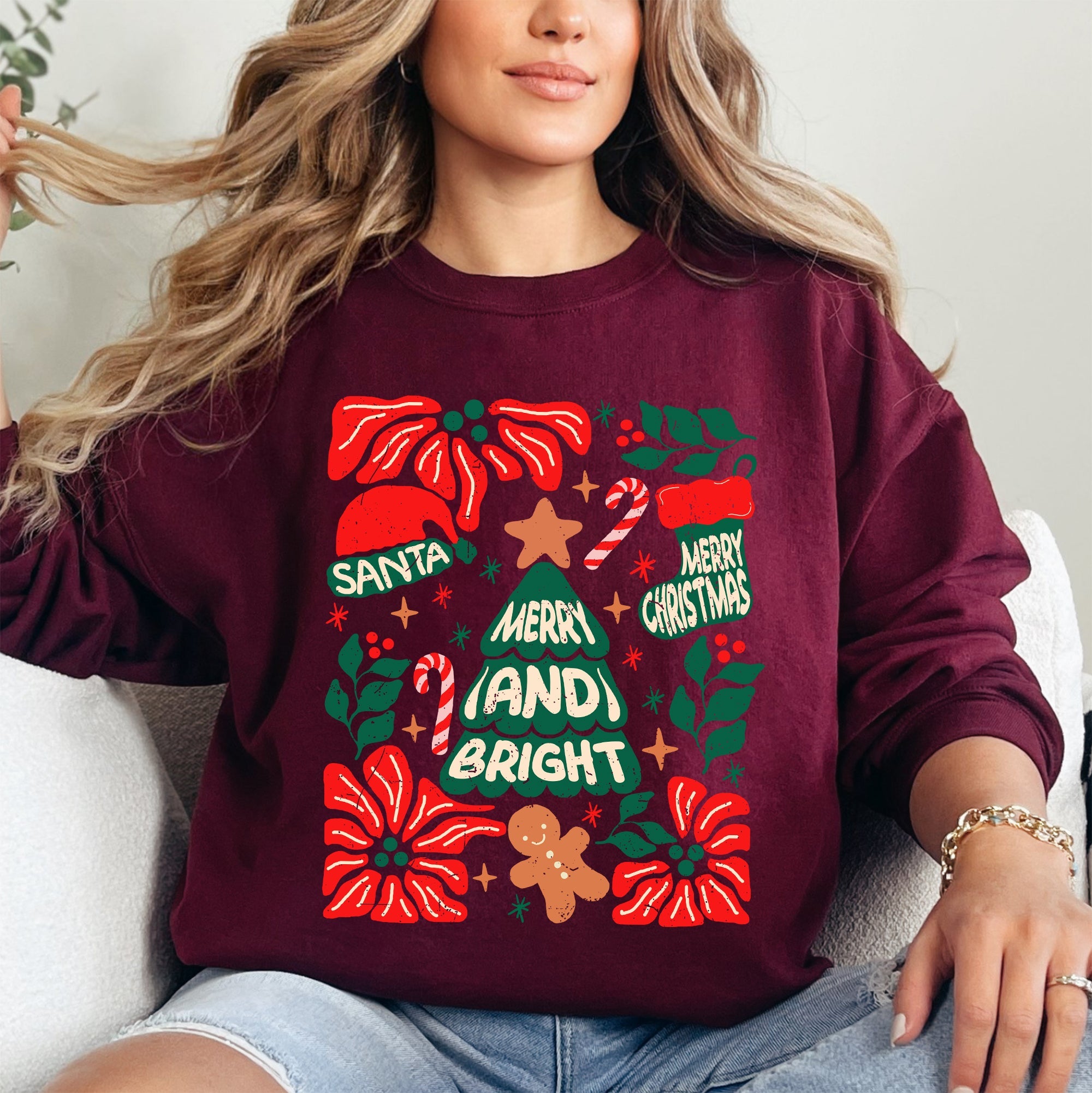 Merry And Bright Christmas Candy Cane Tree Floral Holiday Cheer Design Sweatshirt