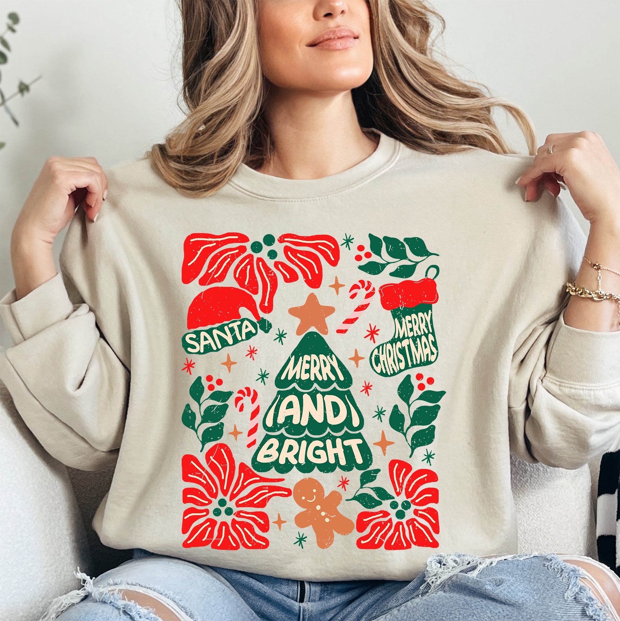 Merry And Bright Christmas Candy Cane Tree Floral Holiday Cheer Design Sweatshirt