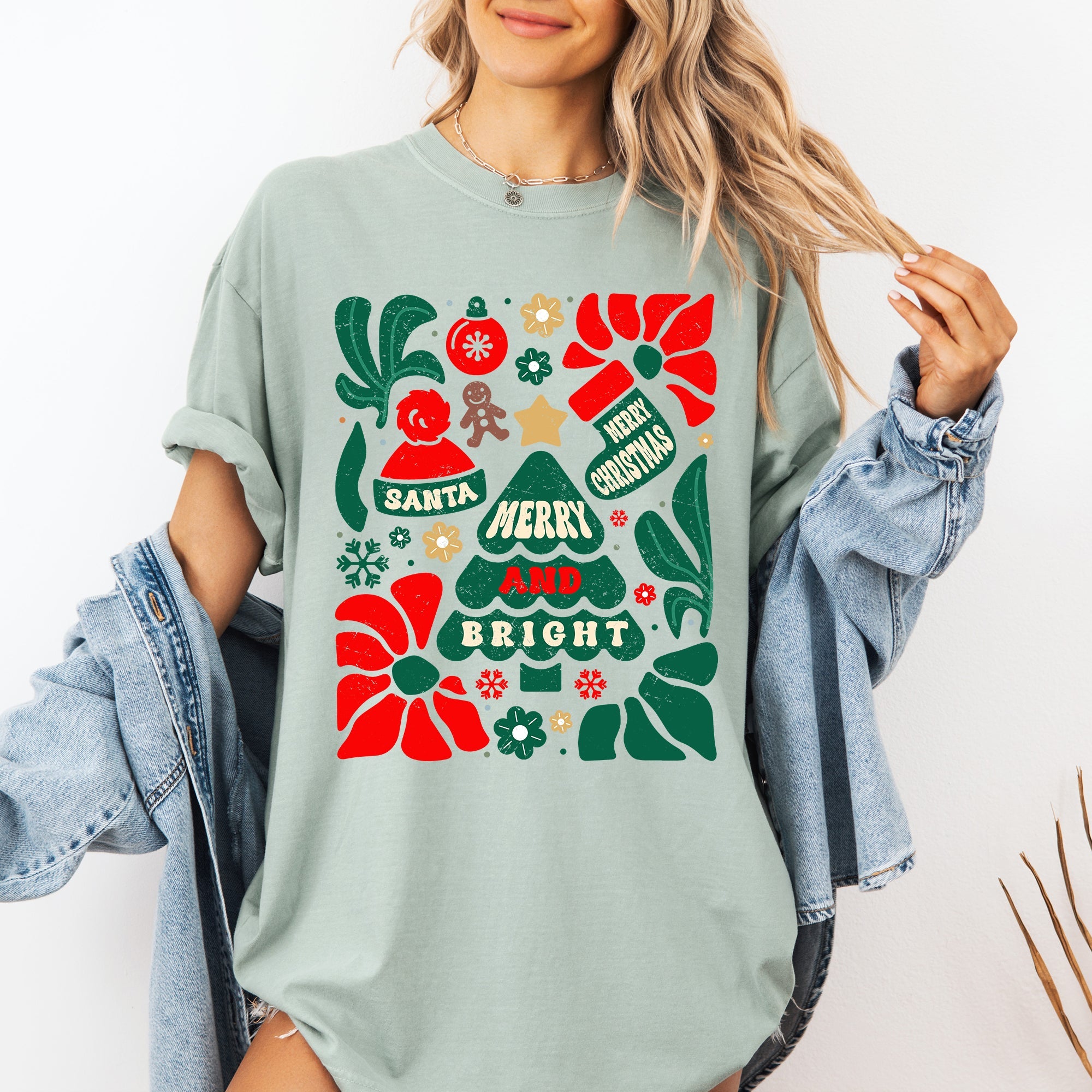 Merry And Bright Christmas Ornament Floral Tree Pattern Vintage Style Comfort Colors Tee