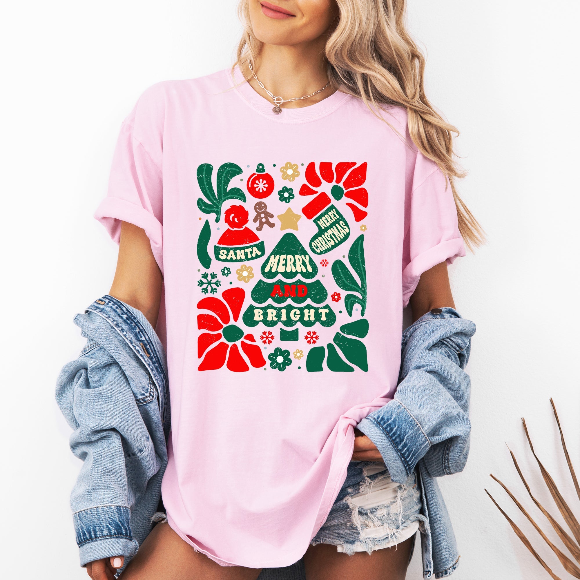 Merry And Bright Christmas Ornament Floral Tree Pattern Vintage Style Comfort Colors Tee