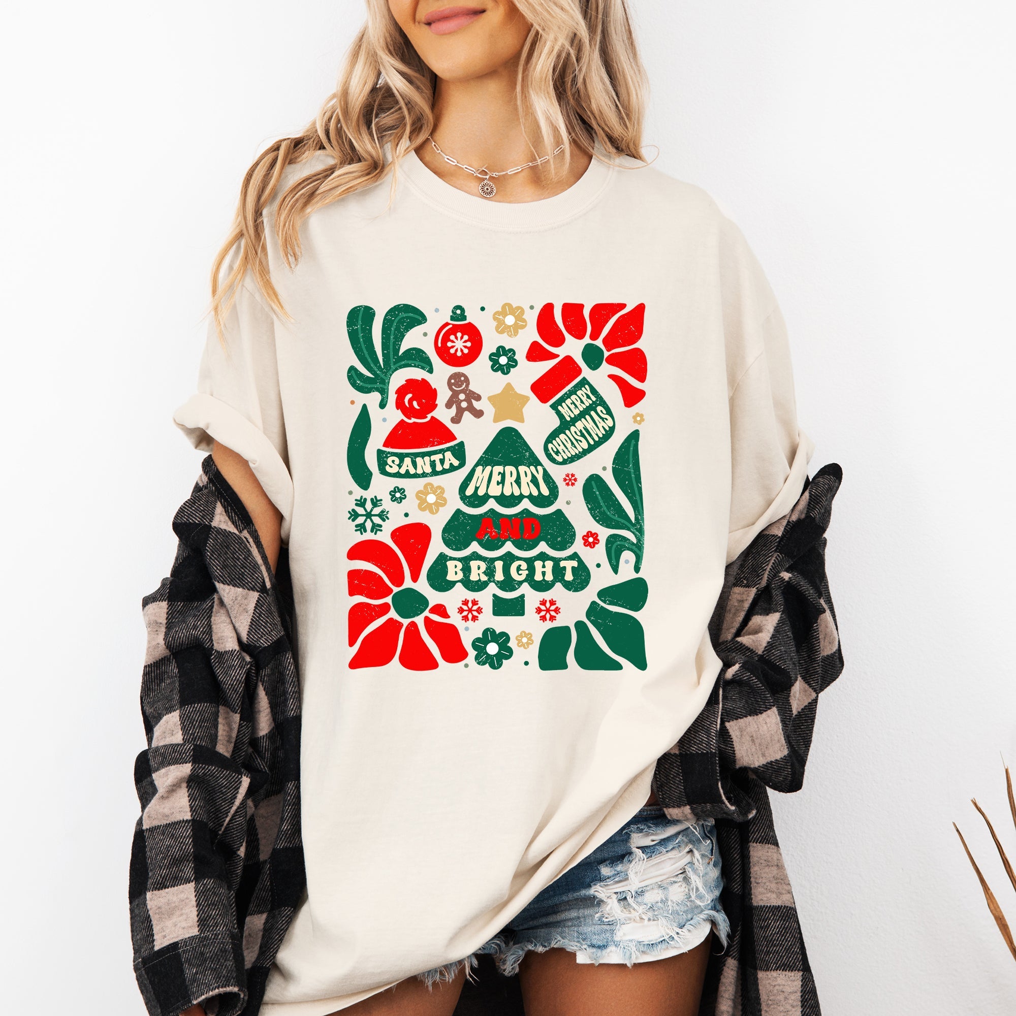 Merry And Bright Christmas Ornament Floral Tree Pattern Vintage Style Comfort Colors Tee
