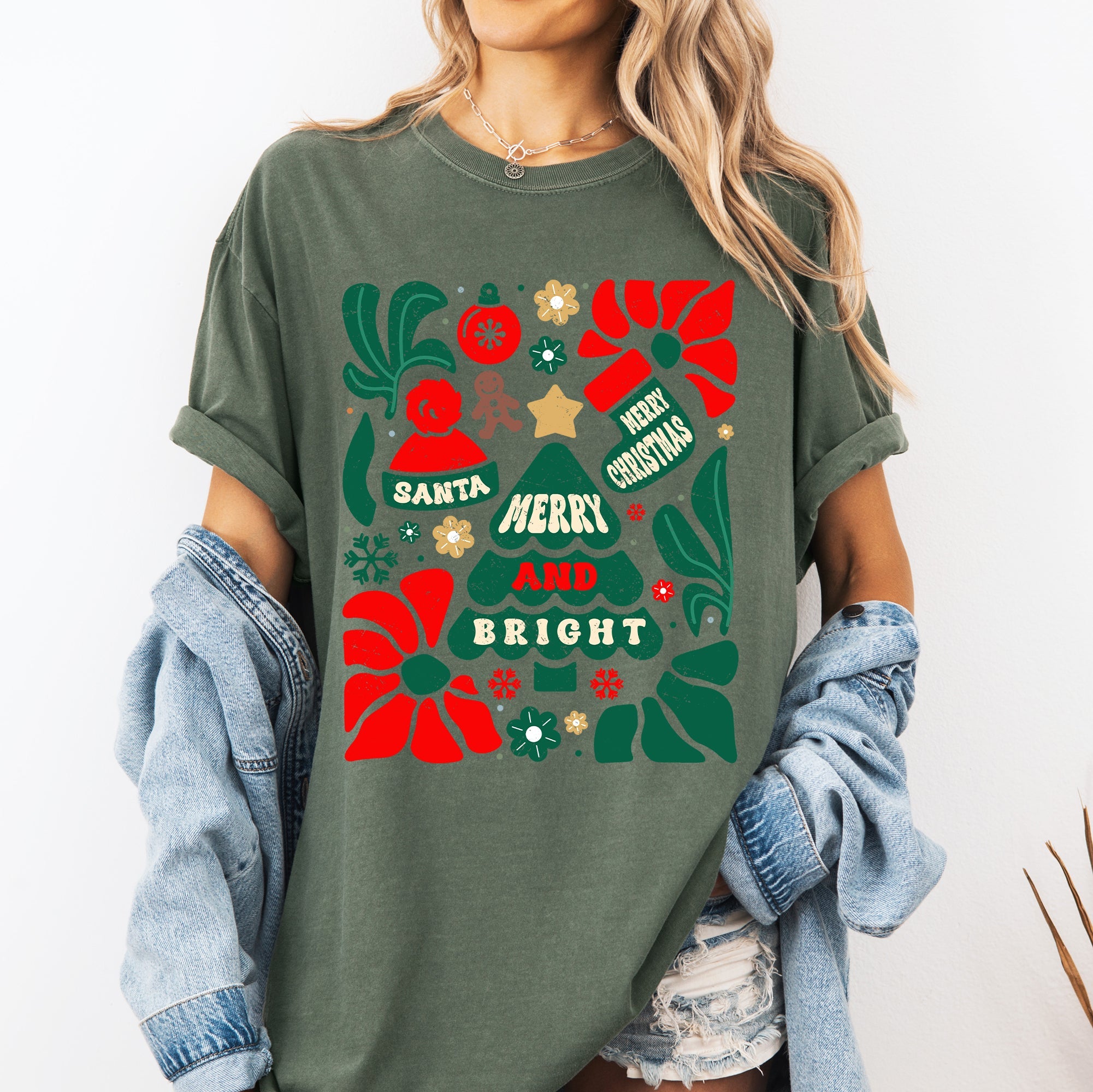 Merry And Bright Christmas Ornament Floral Tree Pattern Vintage Style Comfort Colors Tee