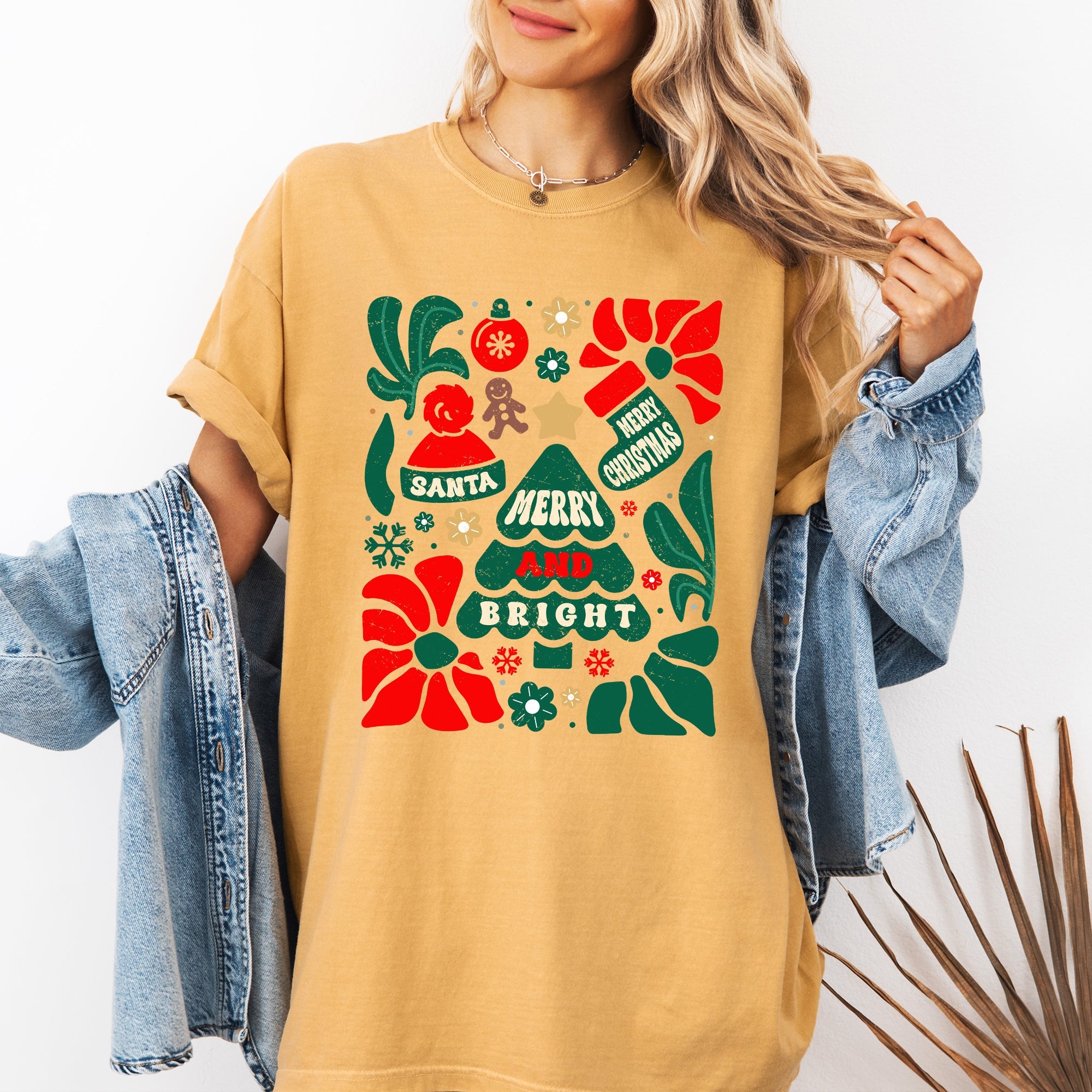 Merry And Bright Christmas Ornament Floral Tree Pattern Vintage Style Comfort Colors Tee