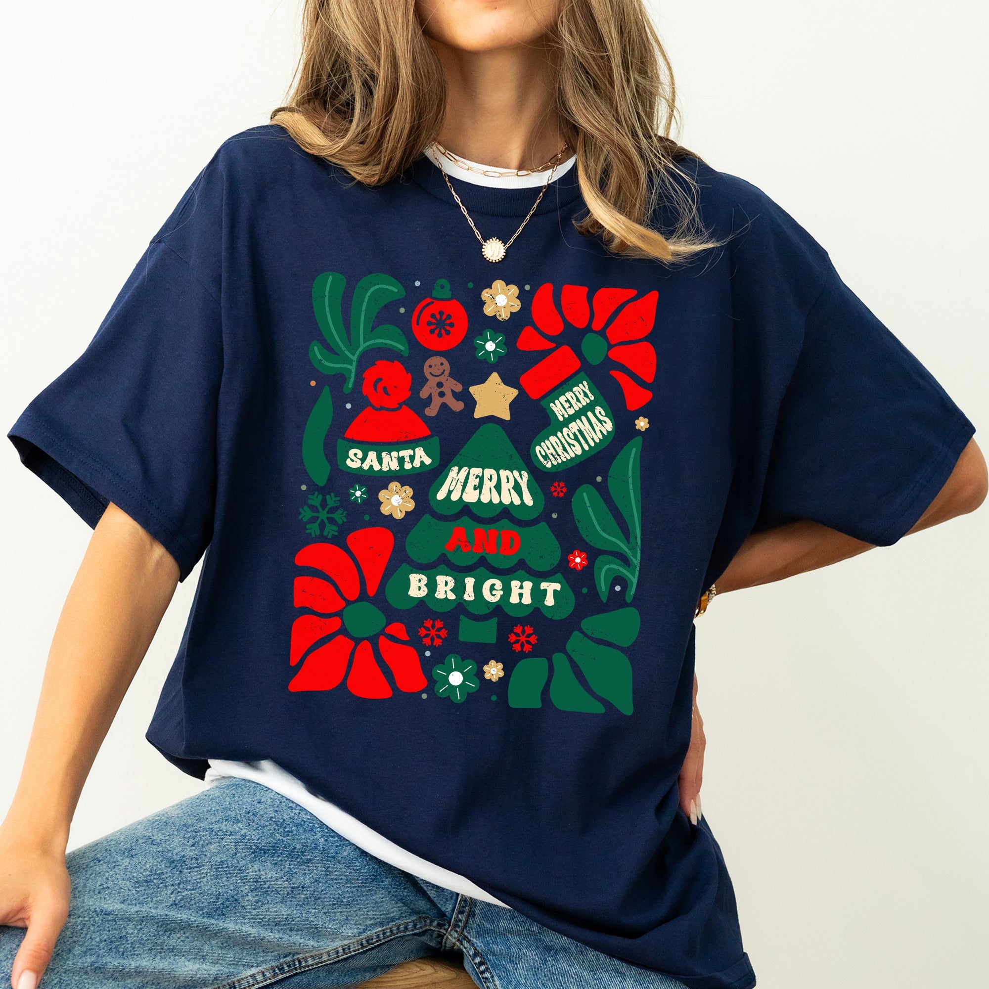 Merry And Bright Christmas Ornament Floral Tree Pattern Vintage Style Comfort Colors Tee