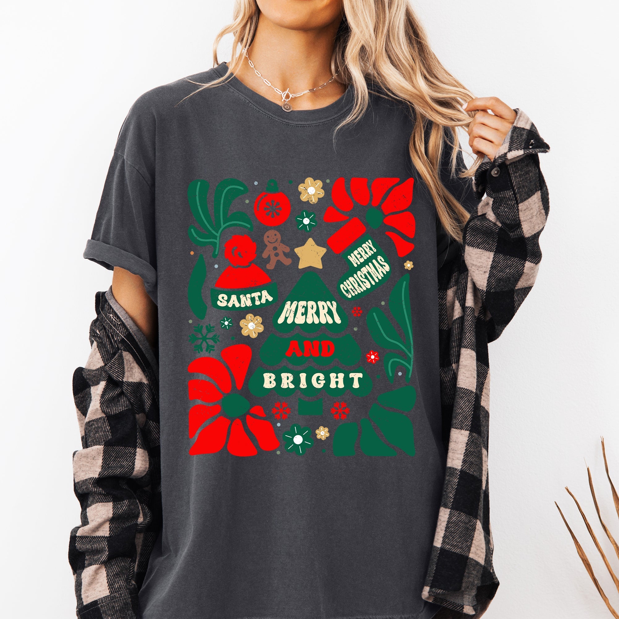 Merry And Bright Christmas Ornament Floral Tree Pattern Vintage Style Comfort Colors Tee