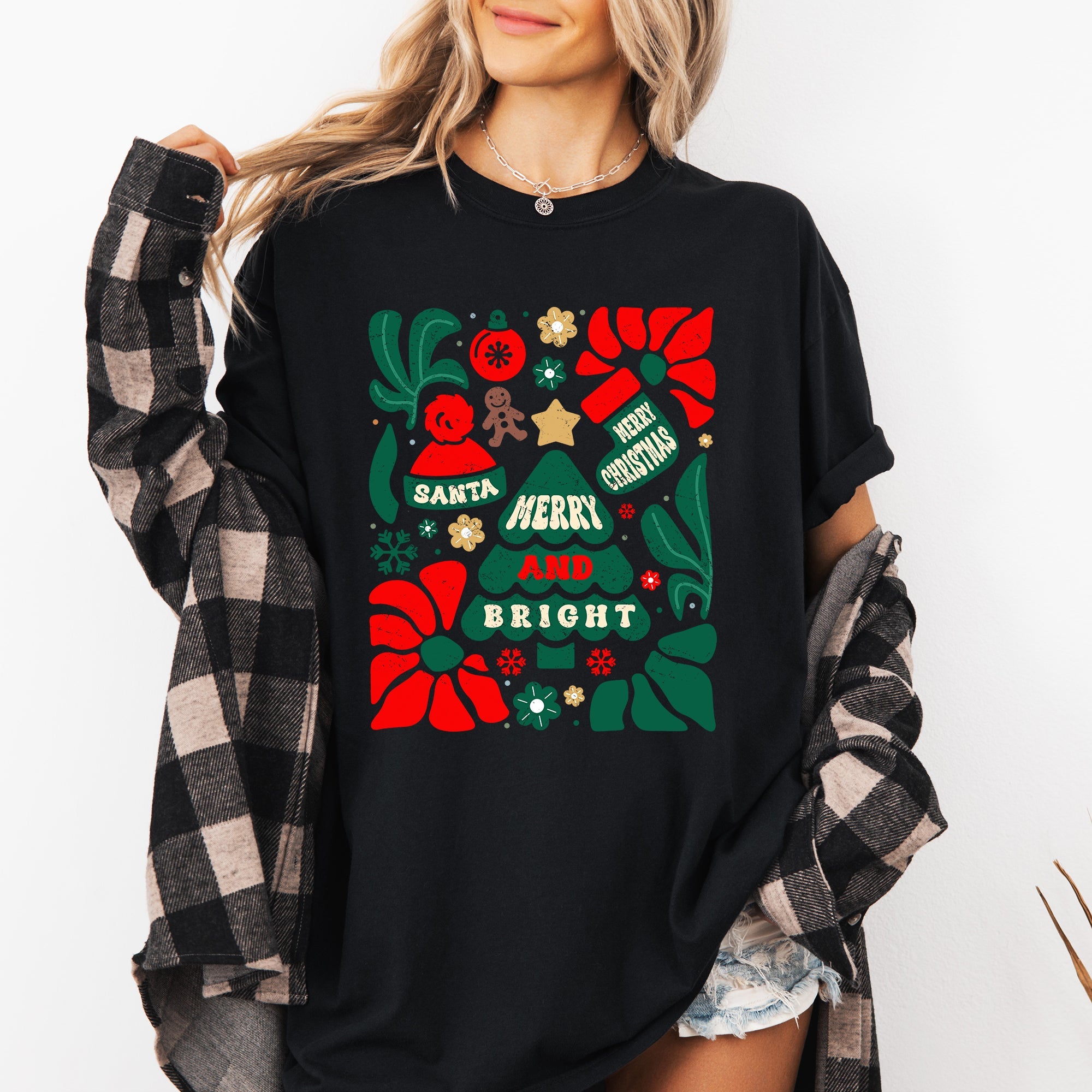 Merry And Bright Christmas Ornament Floral Tree Pattern Vintage Style Comfort Colors Tee