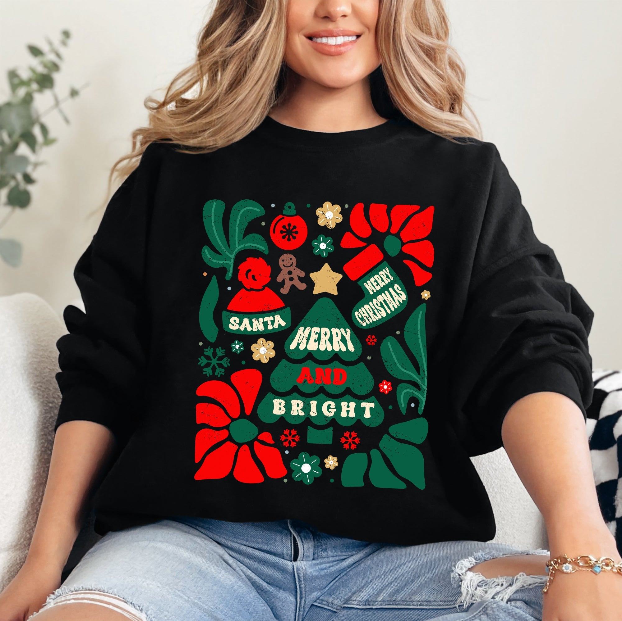 Merry And Bright Floral Ornament Tree Christmas Pattern With Festive Flowers Sweatshirt