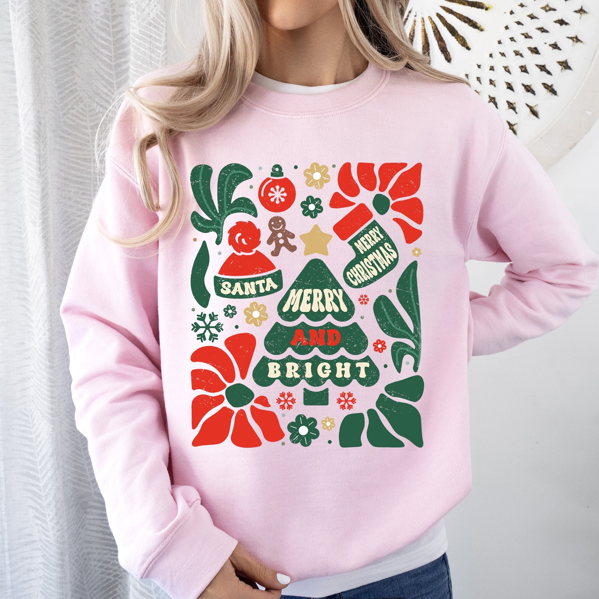 Merry And Bright Floral Ornament Tree Christmas Pattern With Festive Flowers Sweatshirt