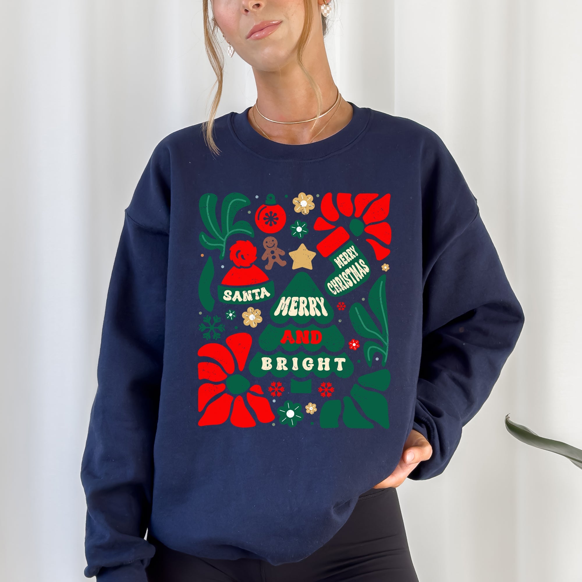 Merry And Bright Floral Ornament Tree Christmas Pattern With Festive Flowers Sweatshirt