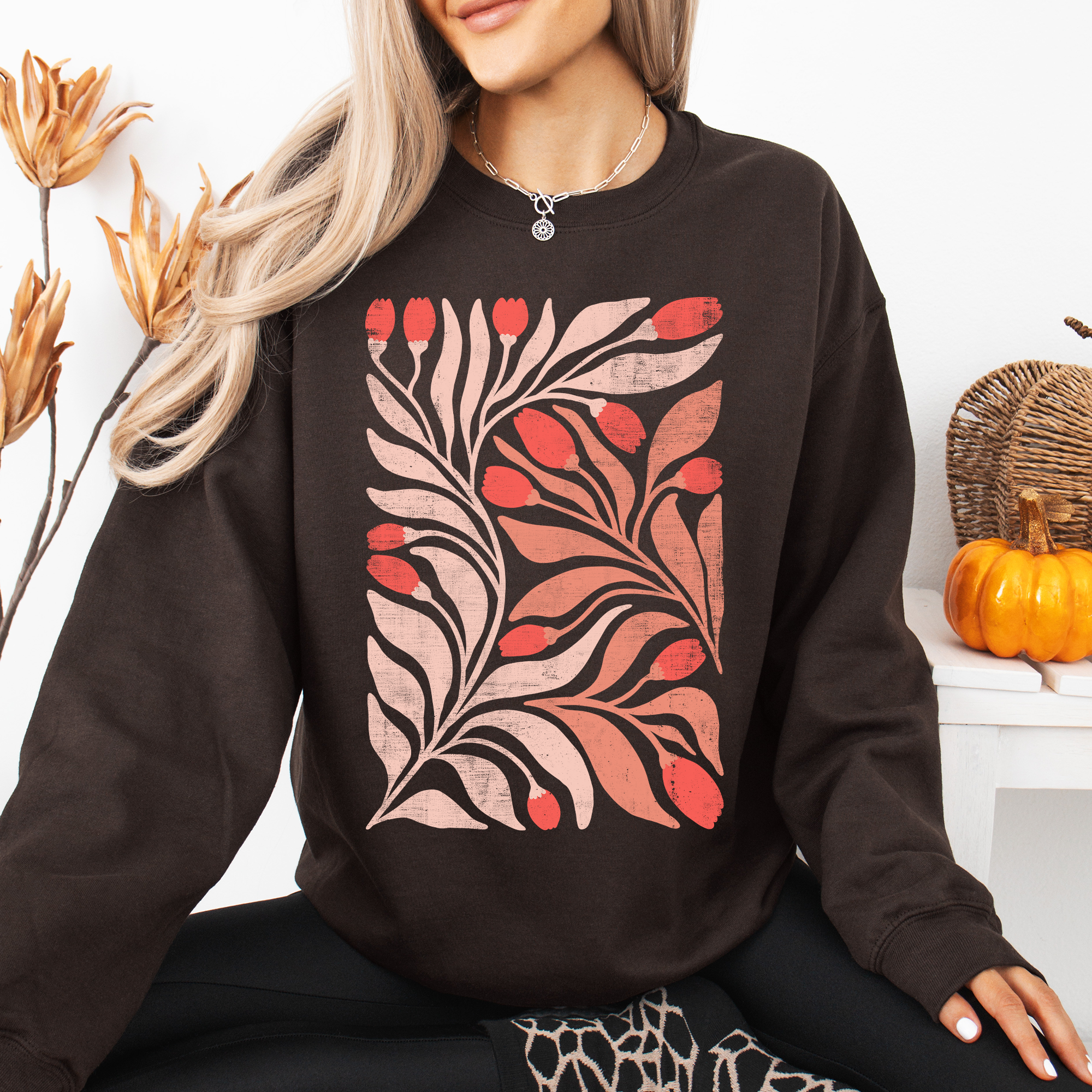 Red Tulip Flower Pattern Vintage Boho Nature Inspired Floral Motif With Rustic Charm Sweatshirt