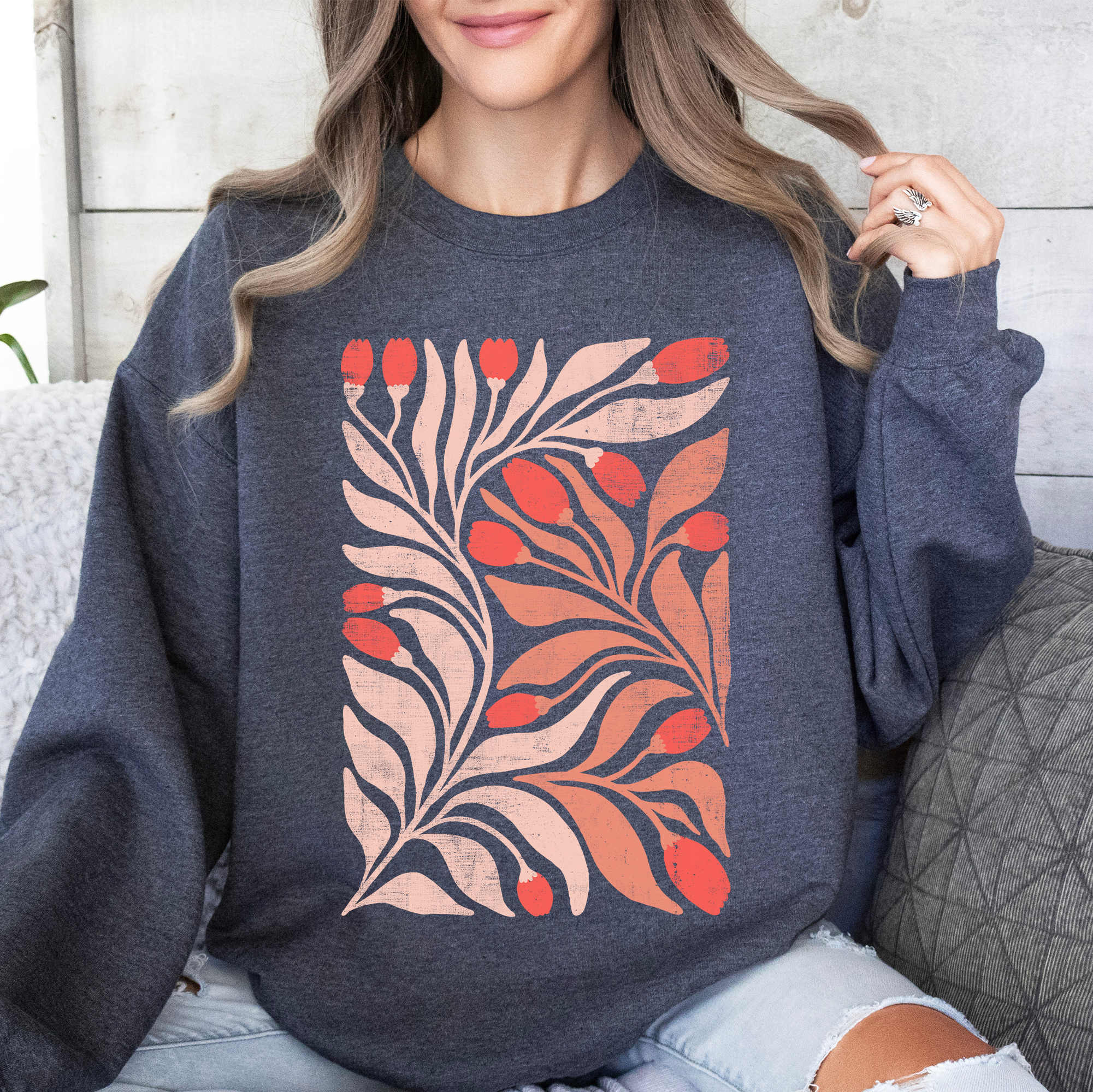 Red Tulip Flower Pattern Vintage Boho Nature Inspired Floral Motif With Rustic Charm Sweatshirt