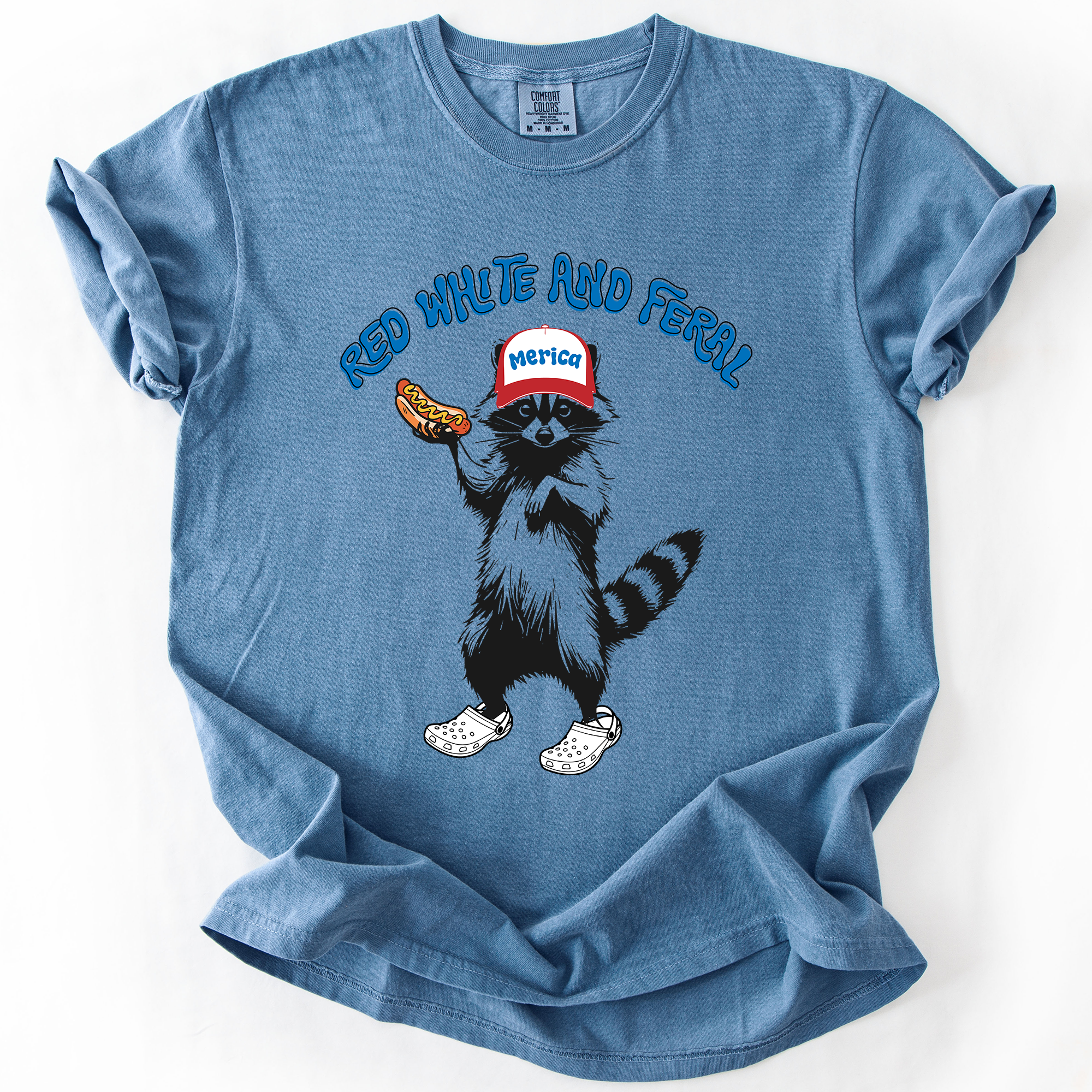 Red White And Feral Raccoon Funny Fourth Of July Patriotic USA Comfort Colors Tee