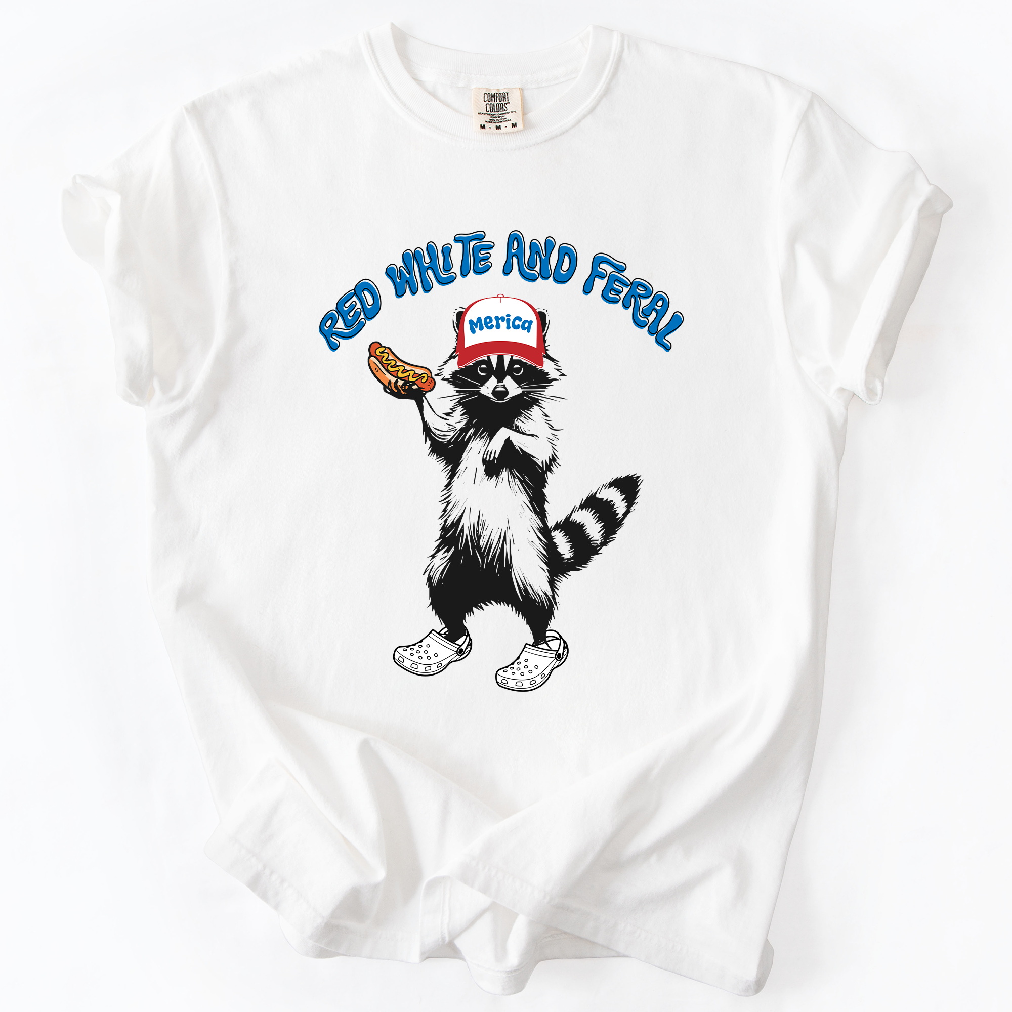 Red White And Feral Raccoon Funny Fourth Of July Patriotic USA Comfort Colors Tee