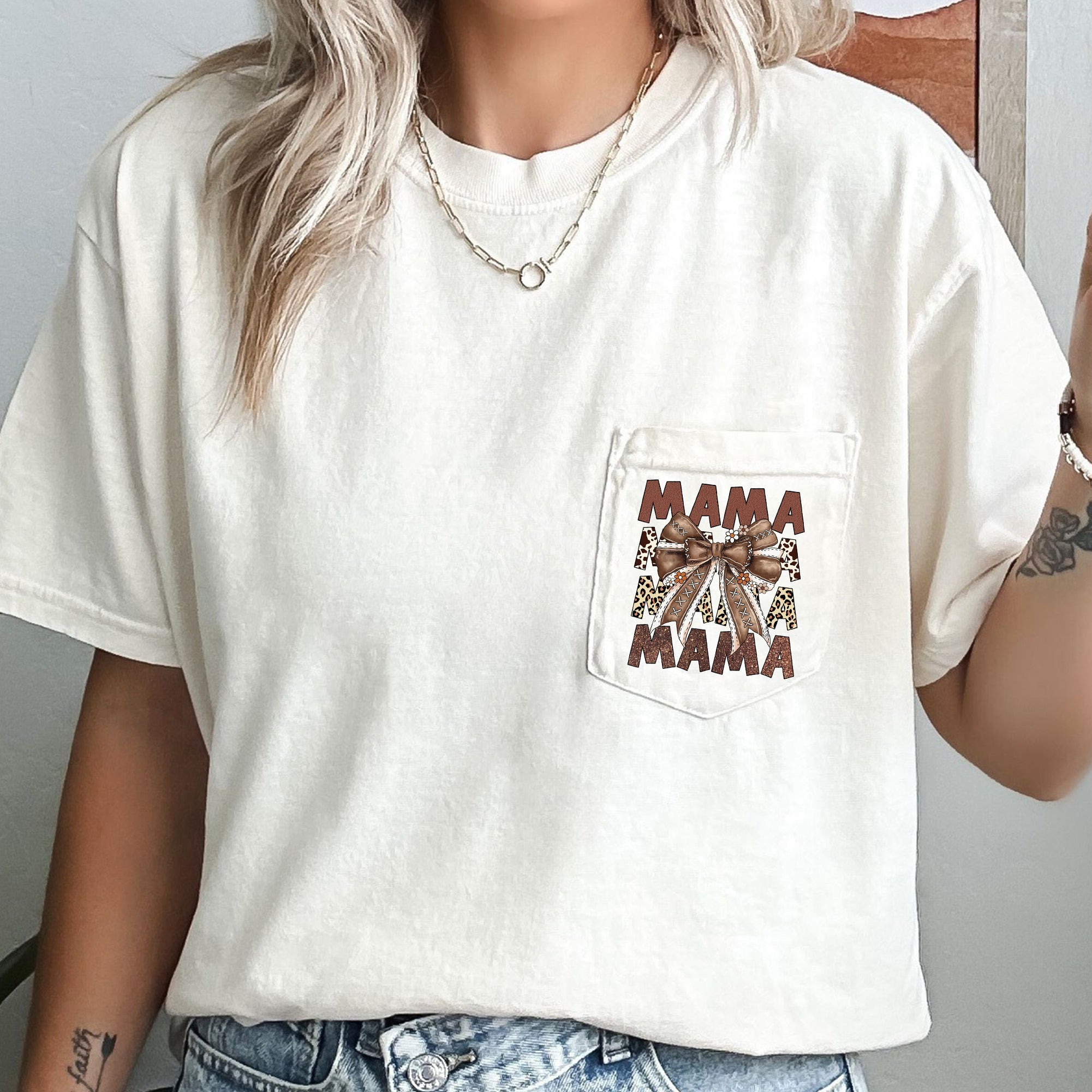 Retro Autumn Mama Bow Football Ribbon Game Day Pocket Tee Vintage Comfort Colors Tee