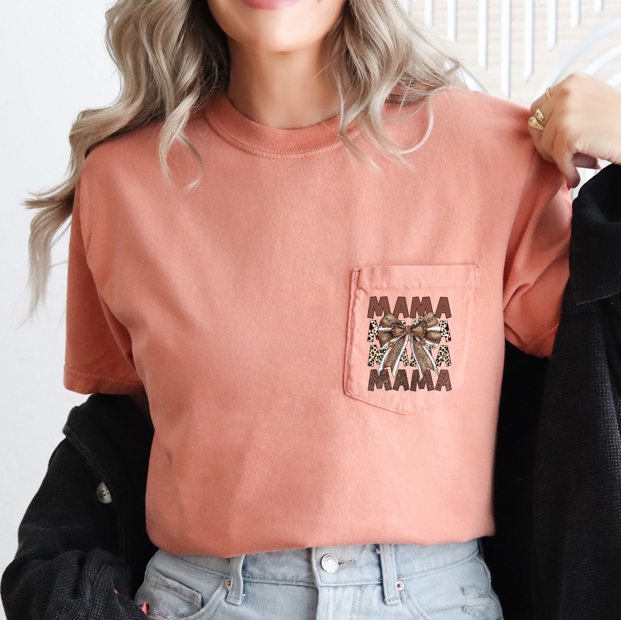 Retro Autumn Mama Bow Football Ribbon Game Day Pocket Tee Vintage Comfort Colors Tee