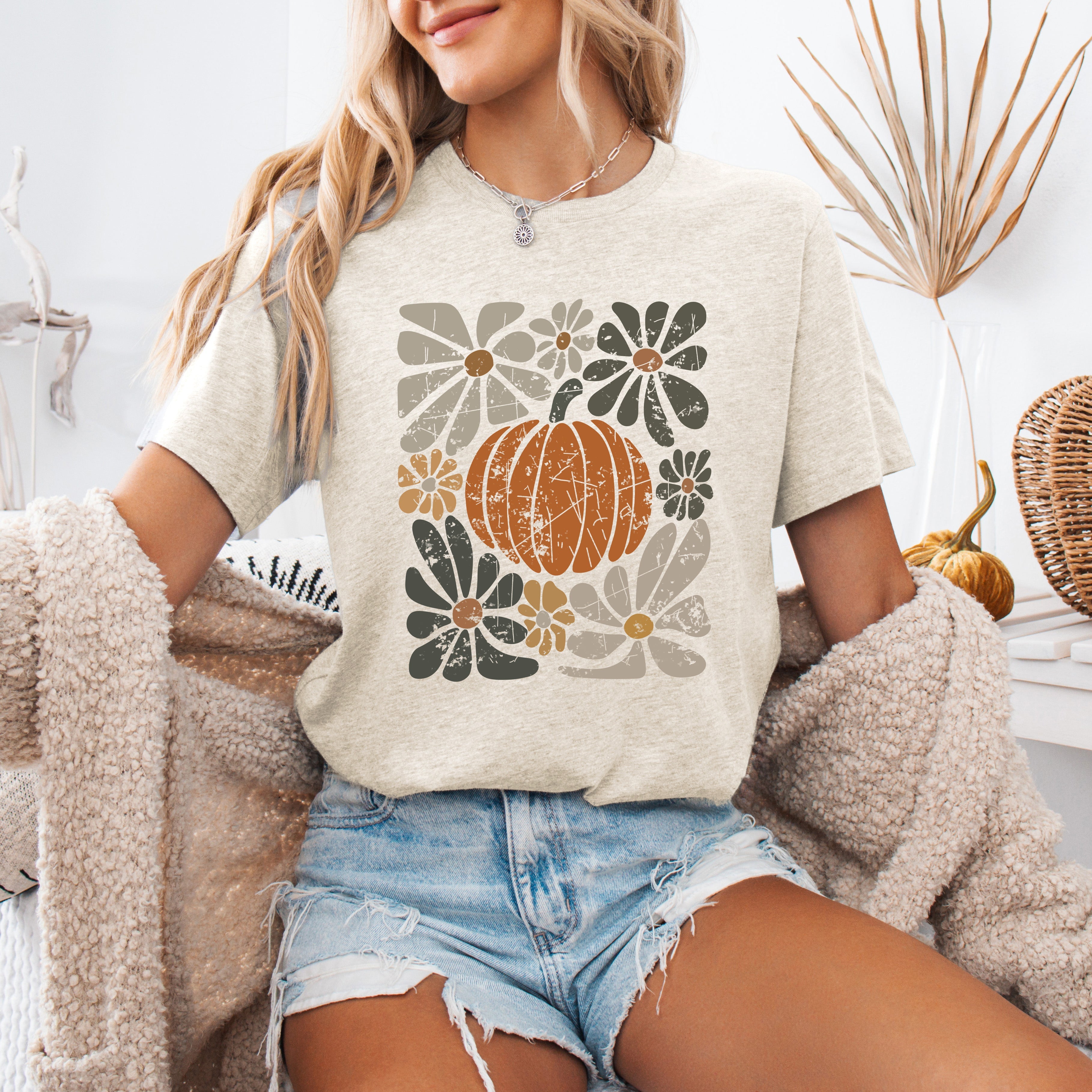Retro Autumn Pumpkin and Flowers Fall Halloween Edition Vintage Inspired Floral Print Graphic Tee