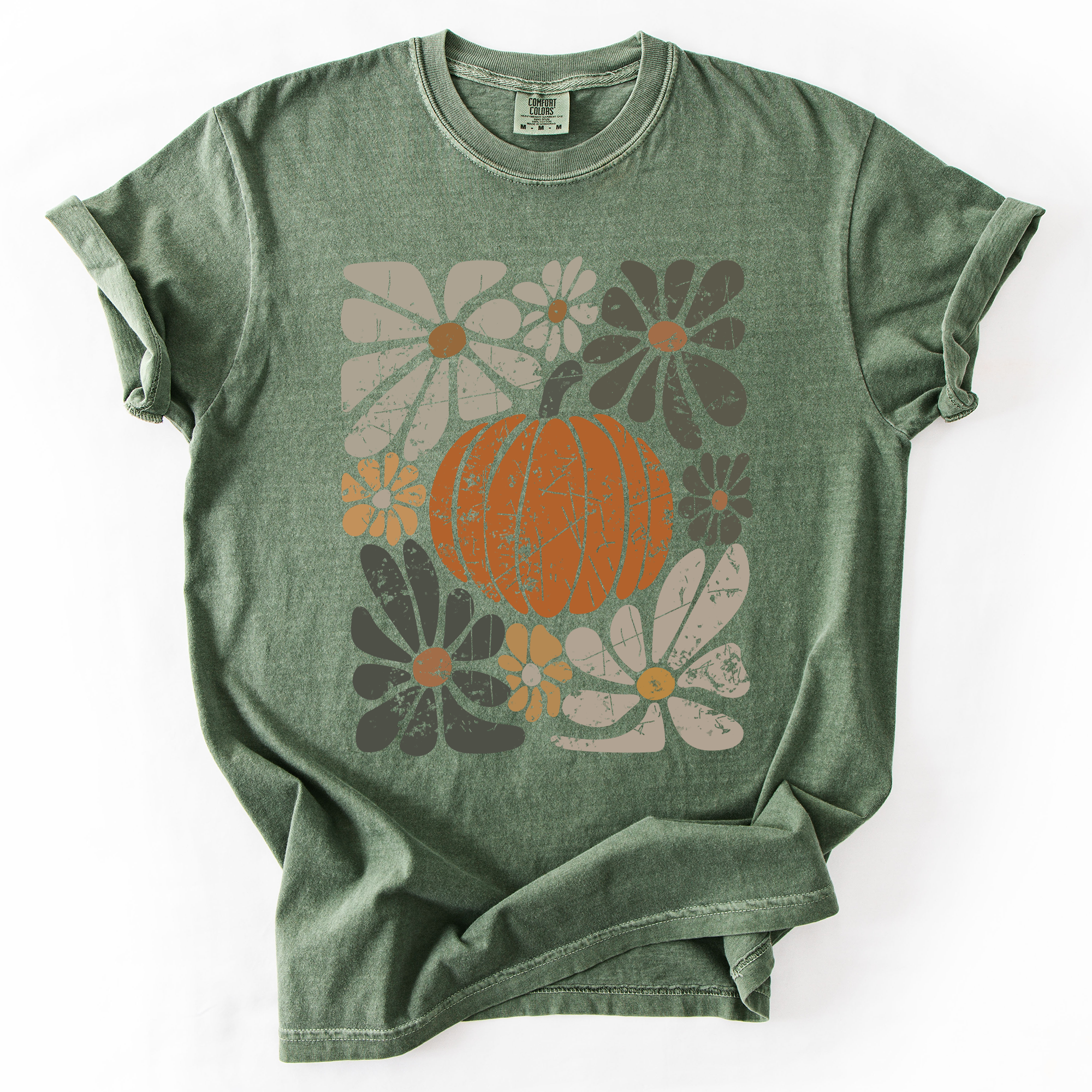 Retro Autumn Pumpkin and Flowers Watercolor Garden Scene Halloween Vibes Comfort Colors Tee