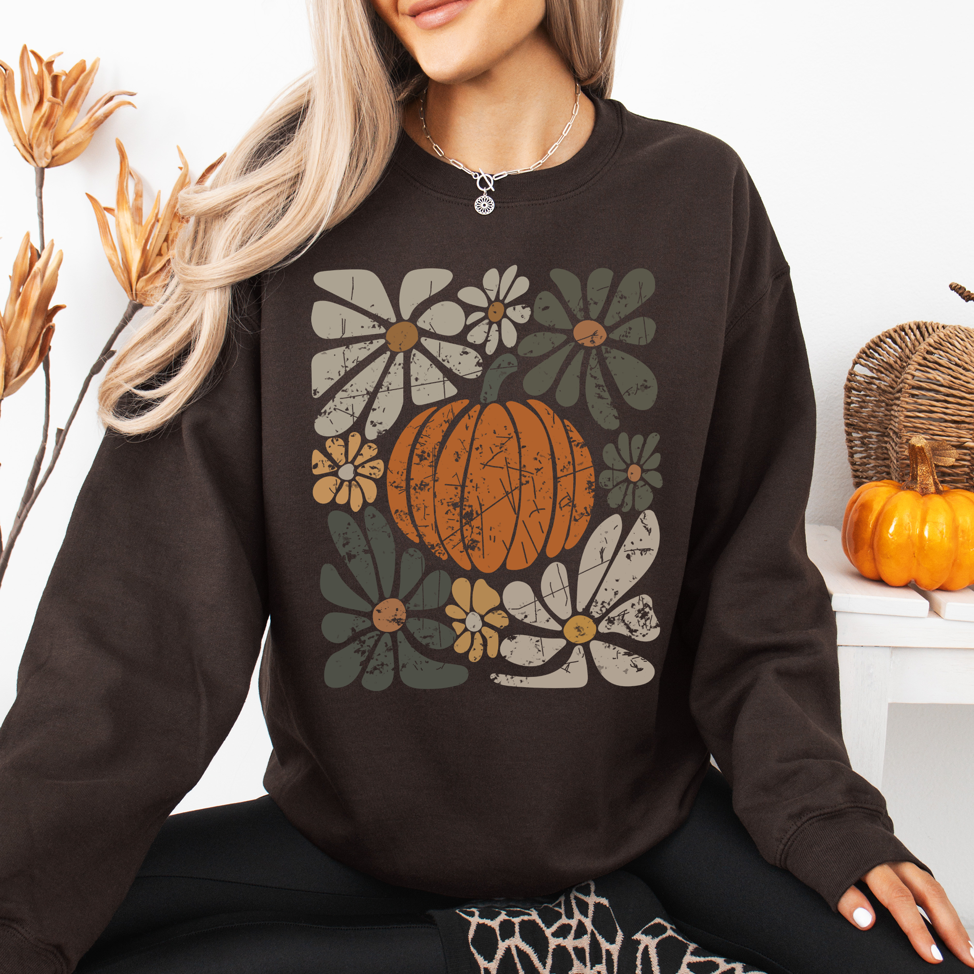 Retro Autumn Floral Pocket With Sunflowers Pumpkins Leaves And Seasonal Cozy Charm Sweatshirt