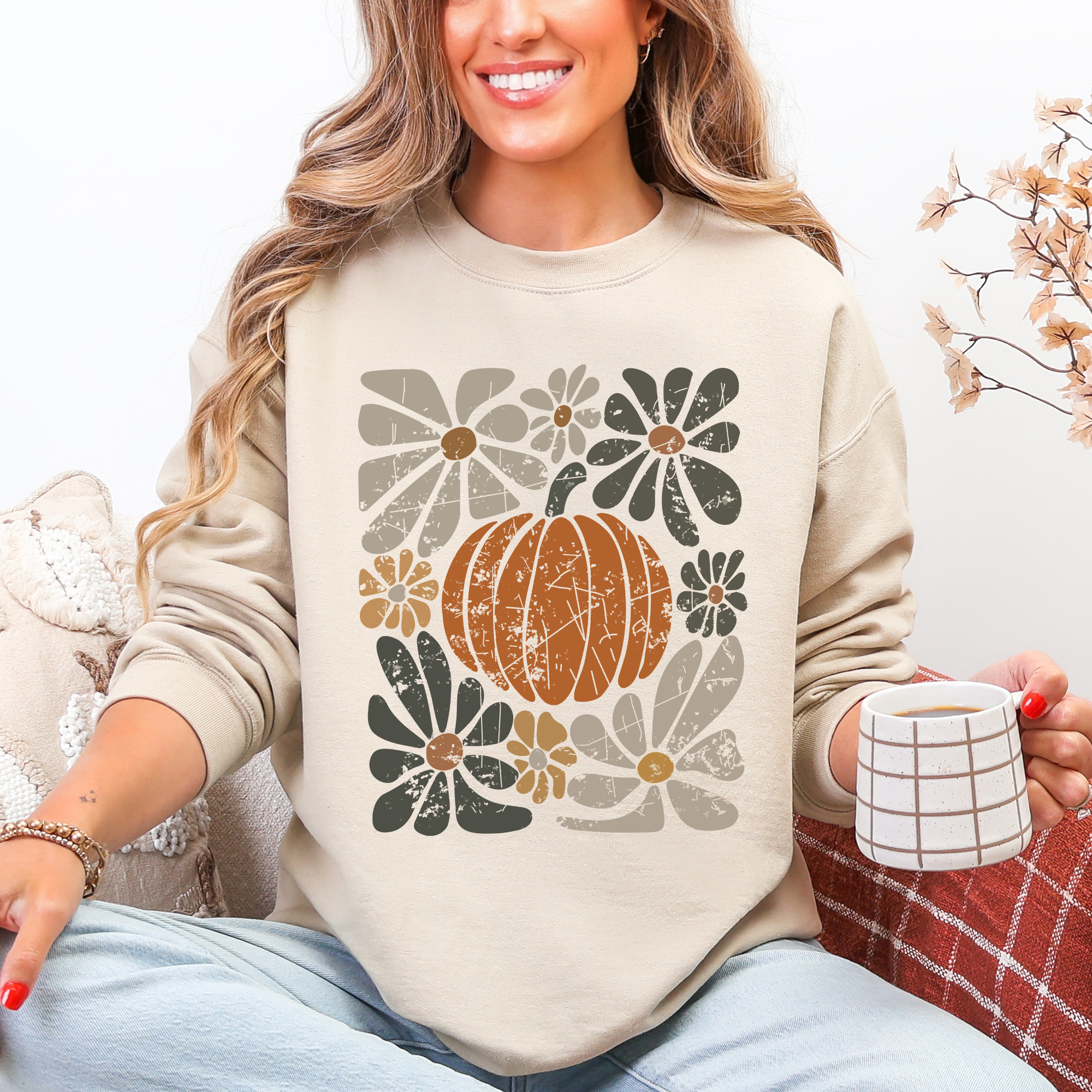 Retro Autumn Floral Pocket With Sunflowers Pumpkins Leaves And Seasonal Cozy Charm Sweatshirt