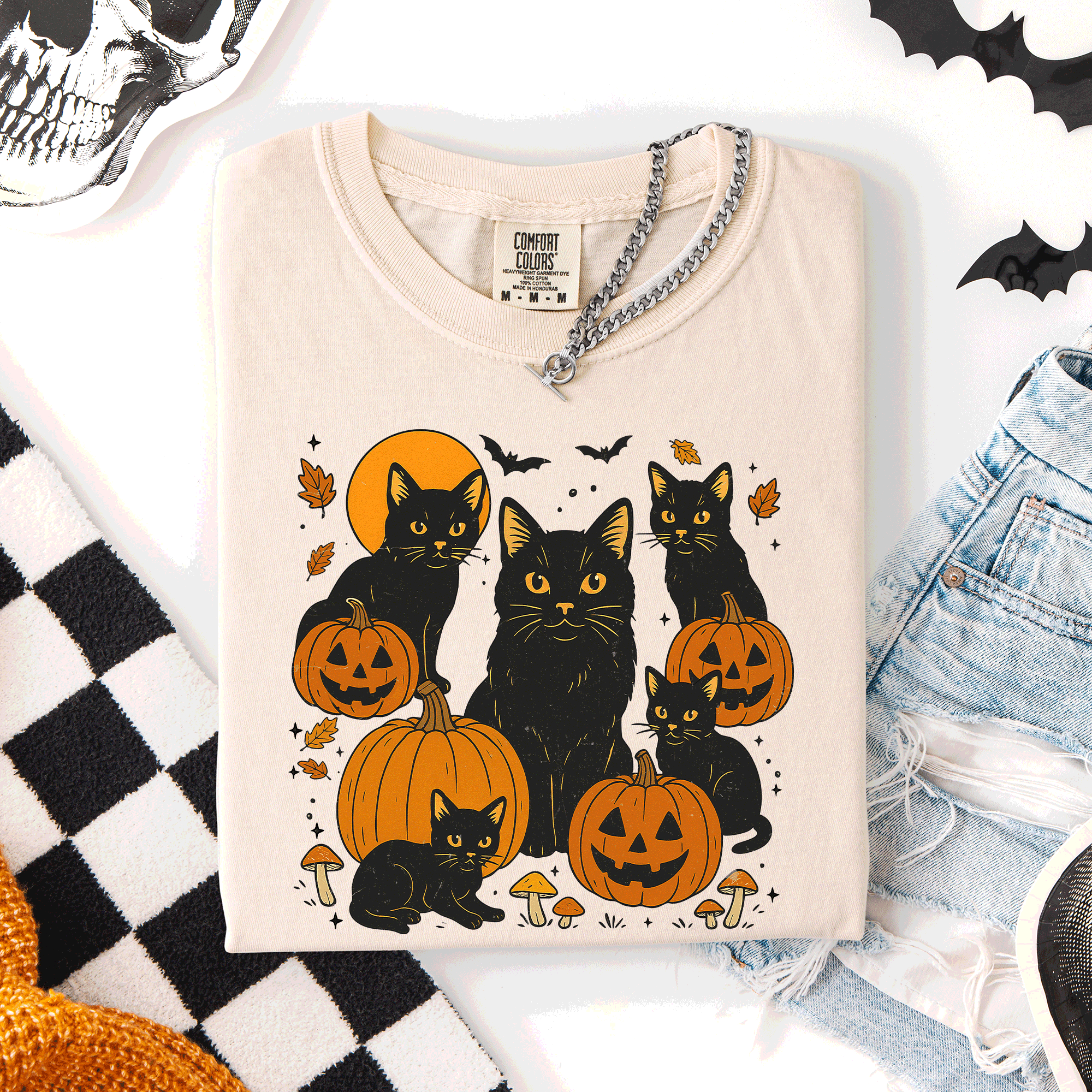 Retro Black Cats And Pumpkins Halloween Spooky Night Scene Edition Comfort Colors Tee