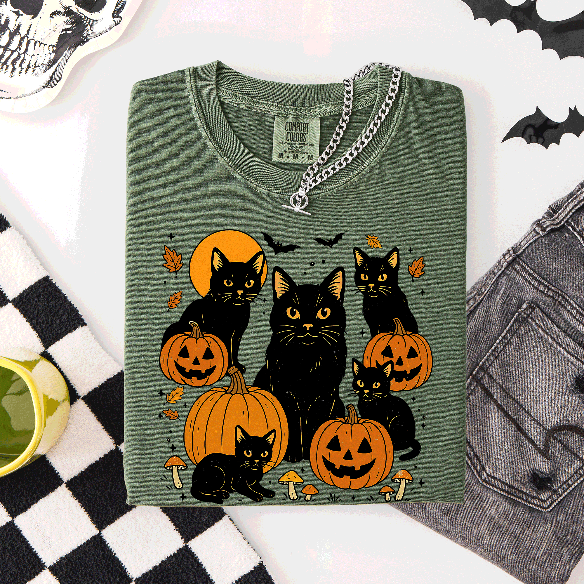 Retro Black Cats And Pumpkins Halloween Spooky Night Scene Edition Comfort Colors Tee