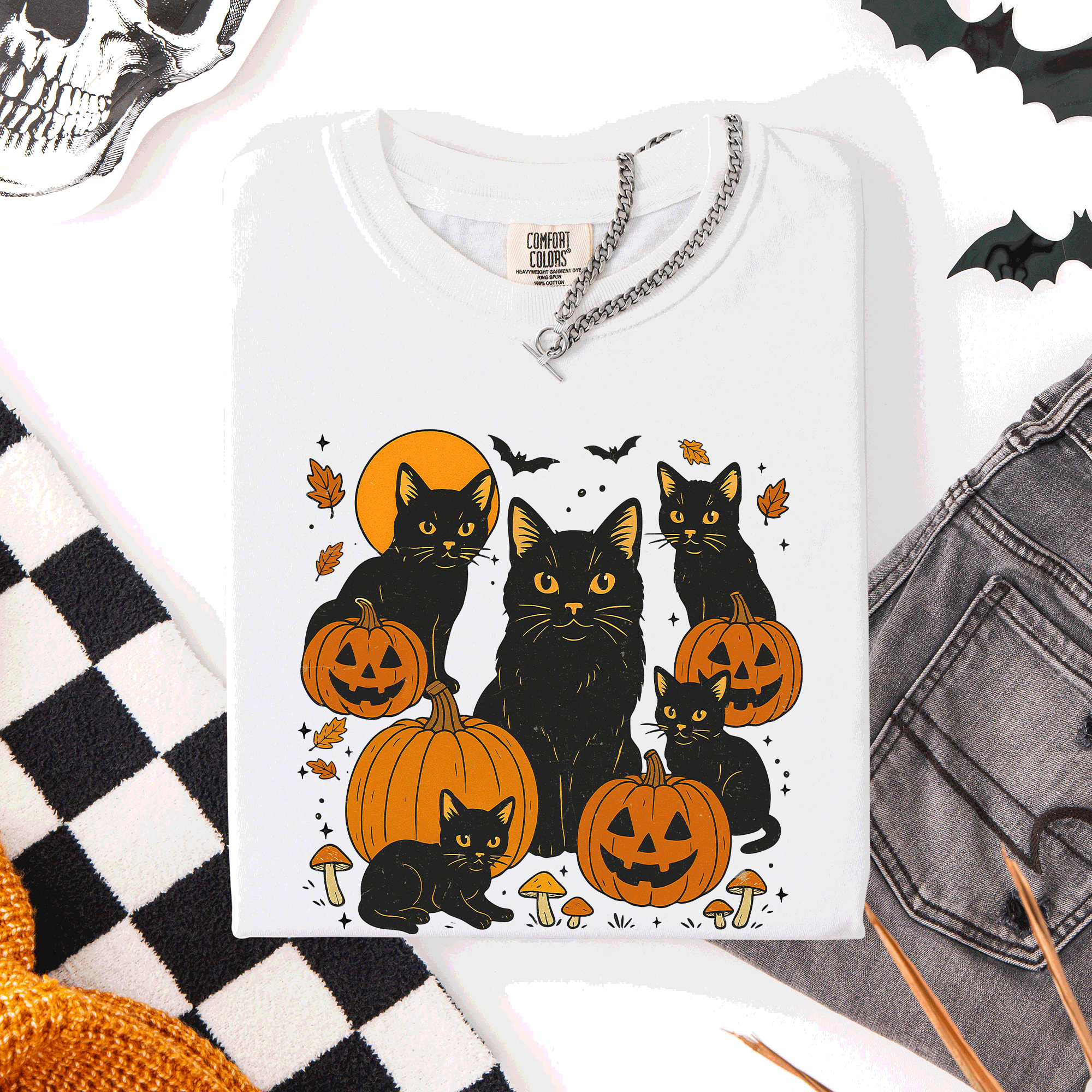 Retro Black Cats And Pumpkins Halloween Spooky Night Scene Edition Comfort Colors Tee