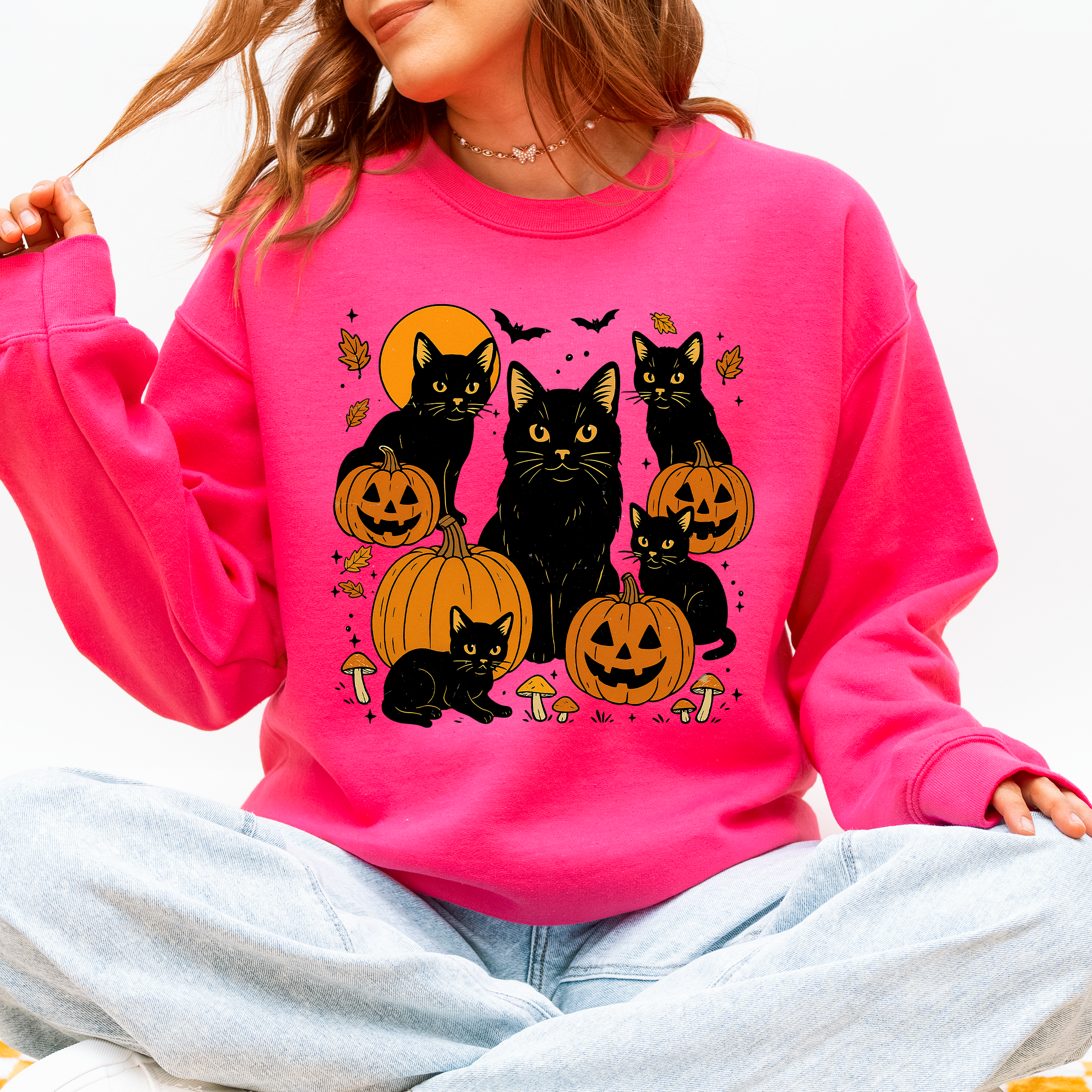 Retro Black Cats, Pumpkins, Halloween, Spooky Vintage Autumn Nightfall Celebration Edition Sweatshirt