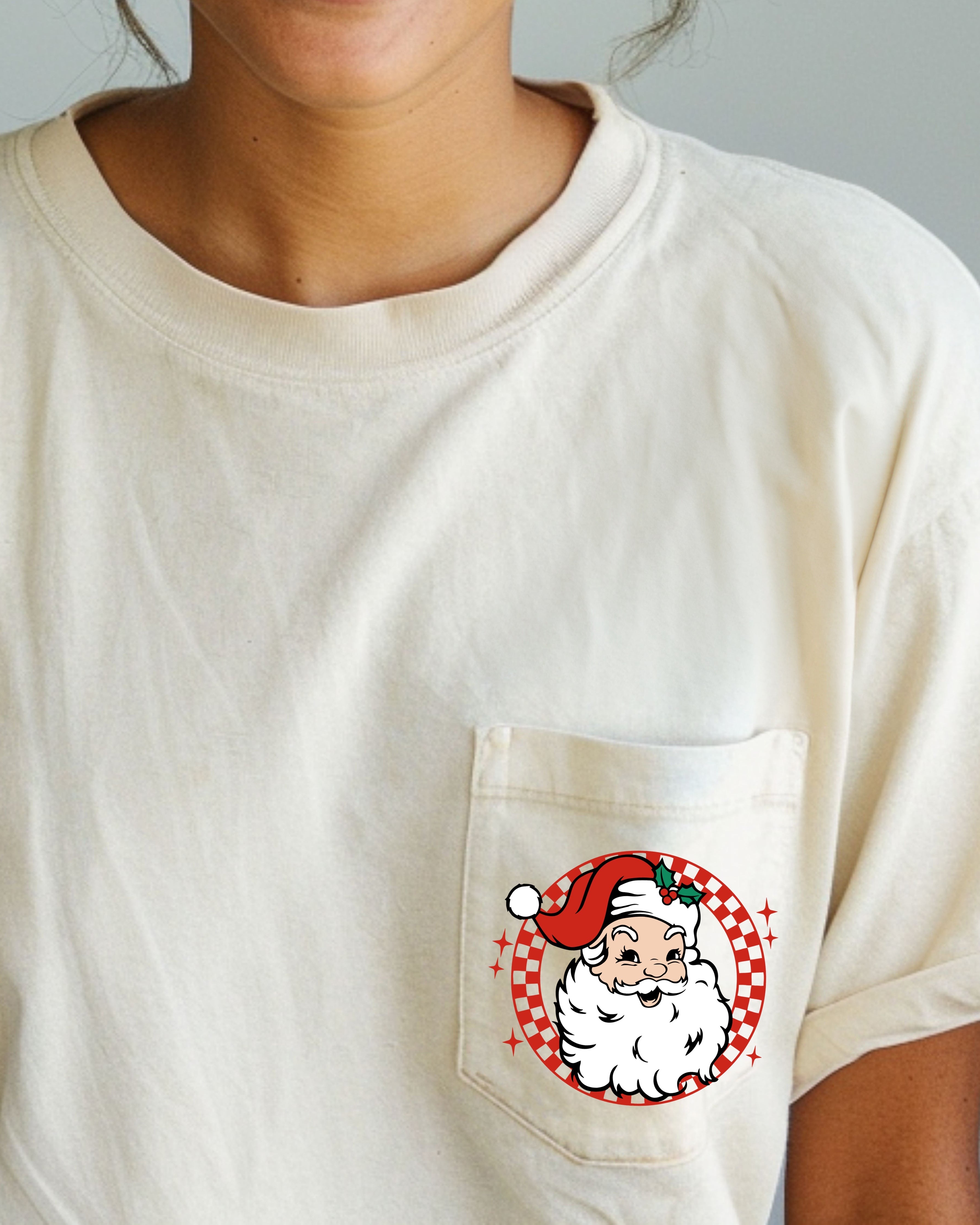 Retro Checkered Santa Pocket Holiday Classic Winter Christmas Snow Xmas Print With Vintage Vibe Comfort Colors Tee