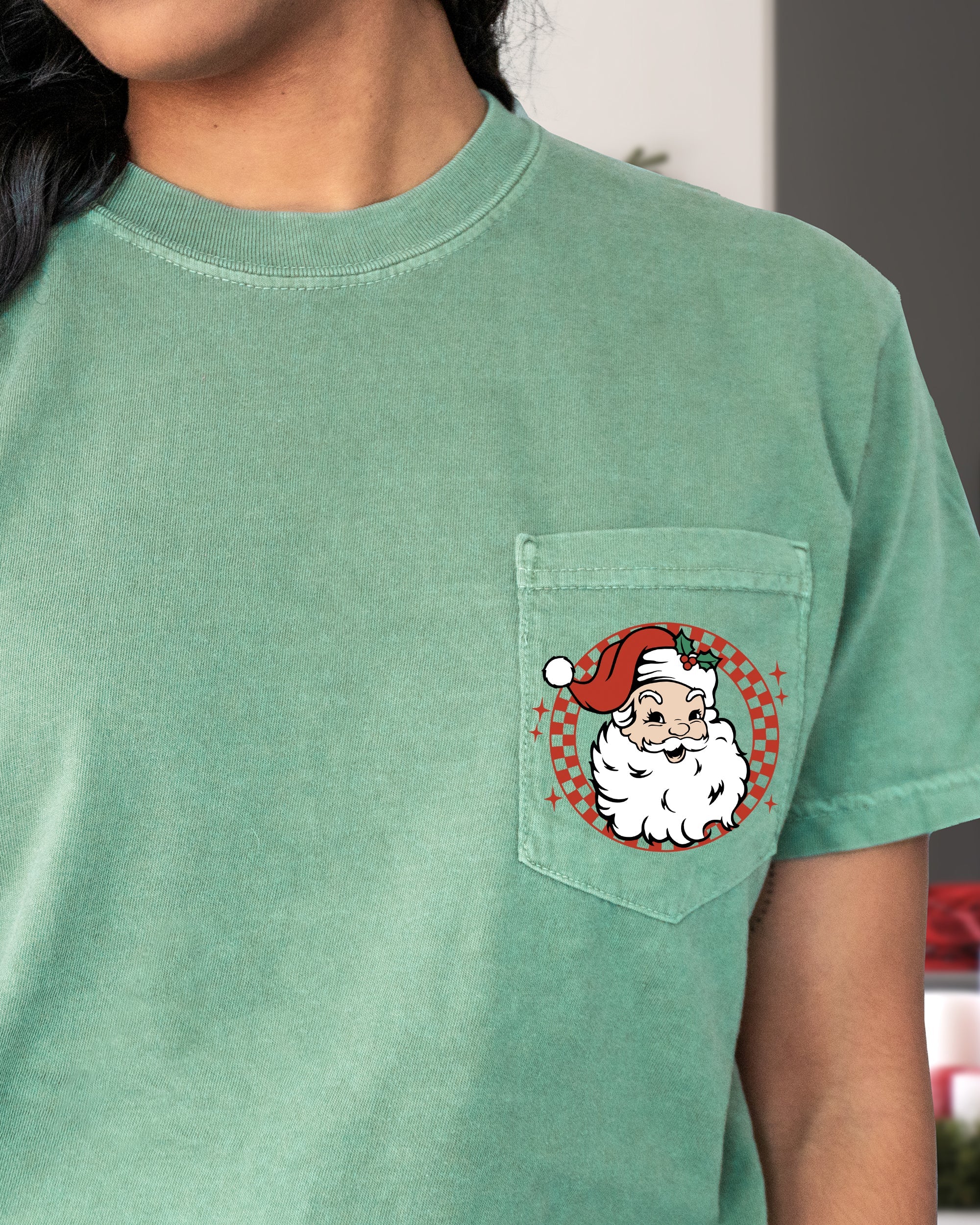 Retro Checkered Santa Pocket Holiday Classic Winter Christmas Snow Xmas Print With Vintage Vibe Comfort Colors Tee