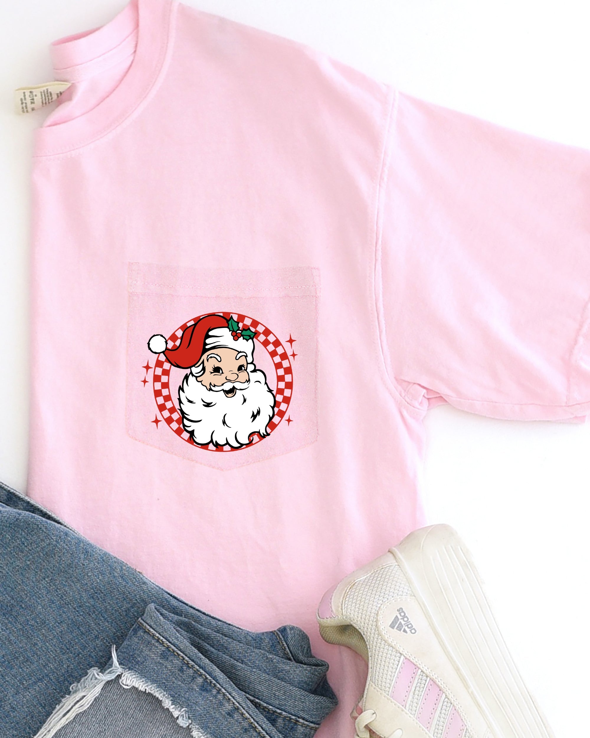 Retro Checkered Santa Pocket Holiday Classic Winter Christmas Snow Xmas Print With Vintage Vibe Comfort Colors Tee