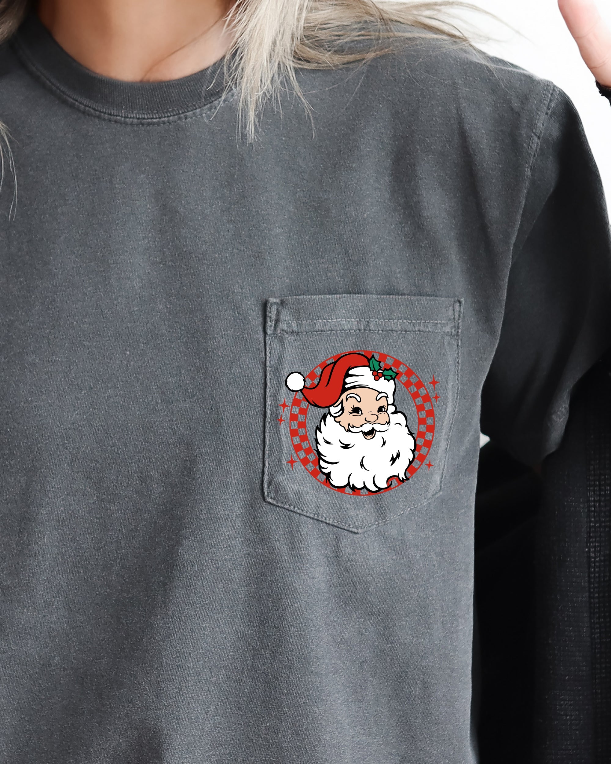 Retro Checkered Santa Pocket Holiday Classic Winter Christmas Snow Xmas Print With Vintage Vibe Comfort Colors Tee