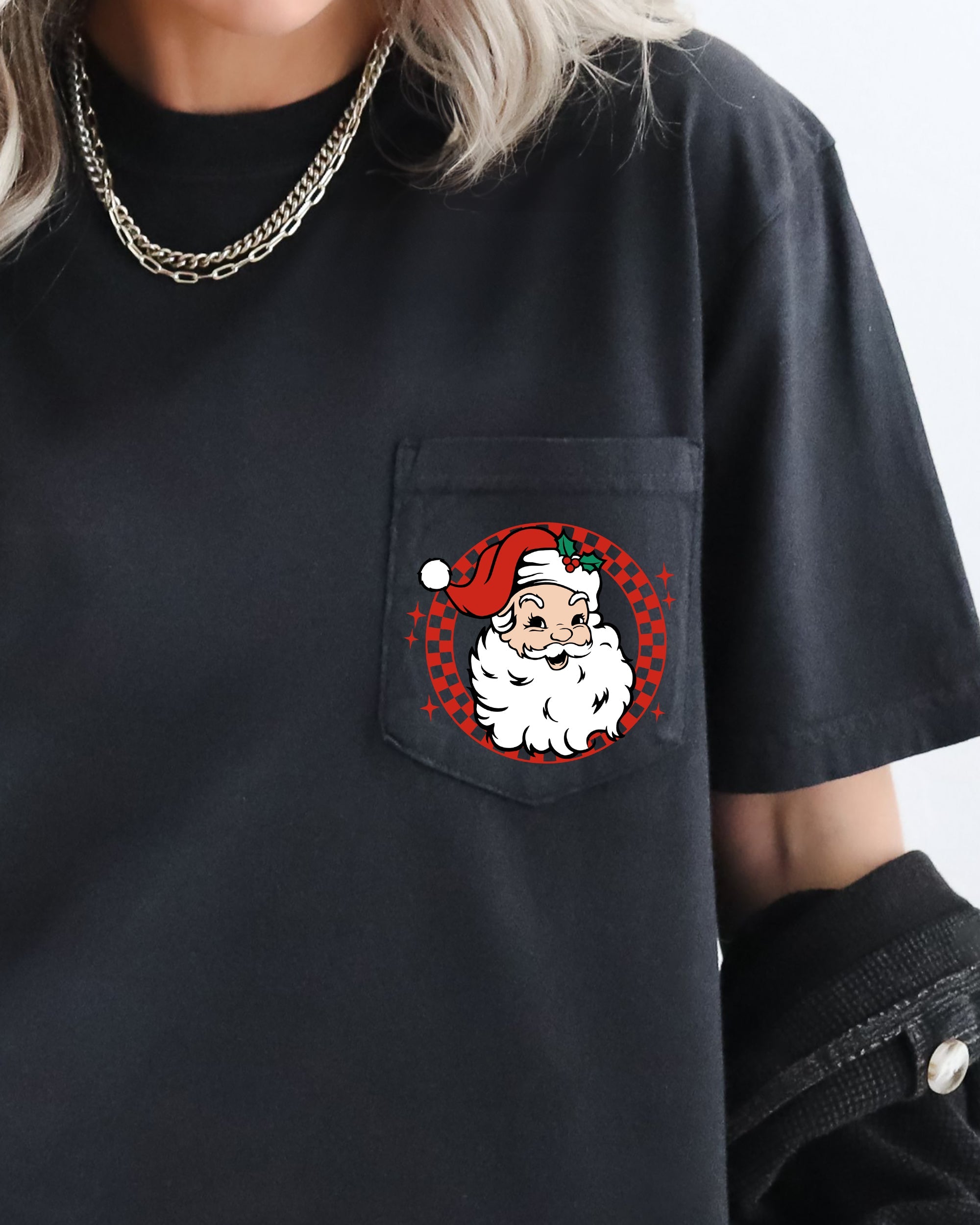 Retro Checkered Santa Pocket Holiday Classic Winter Christmas Snow Xmas Print With Vintage Vibe Comfort Colors Tee