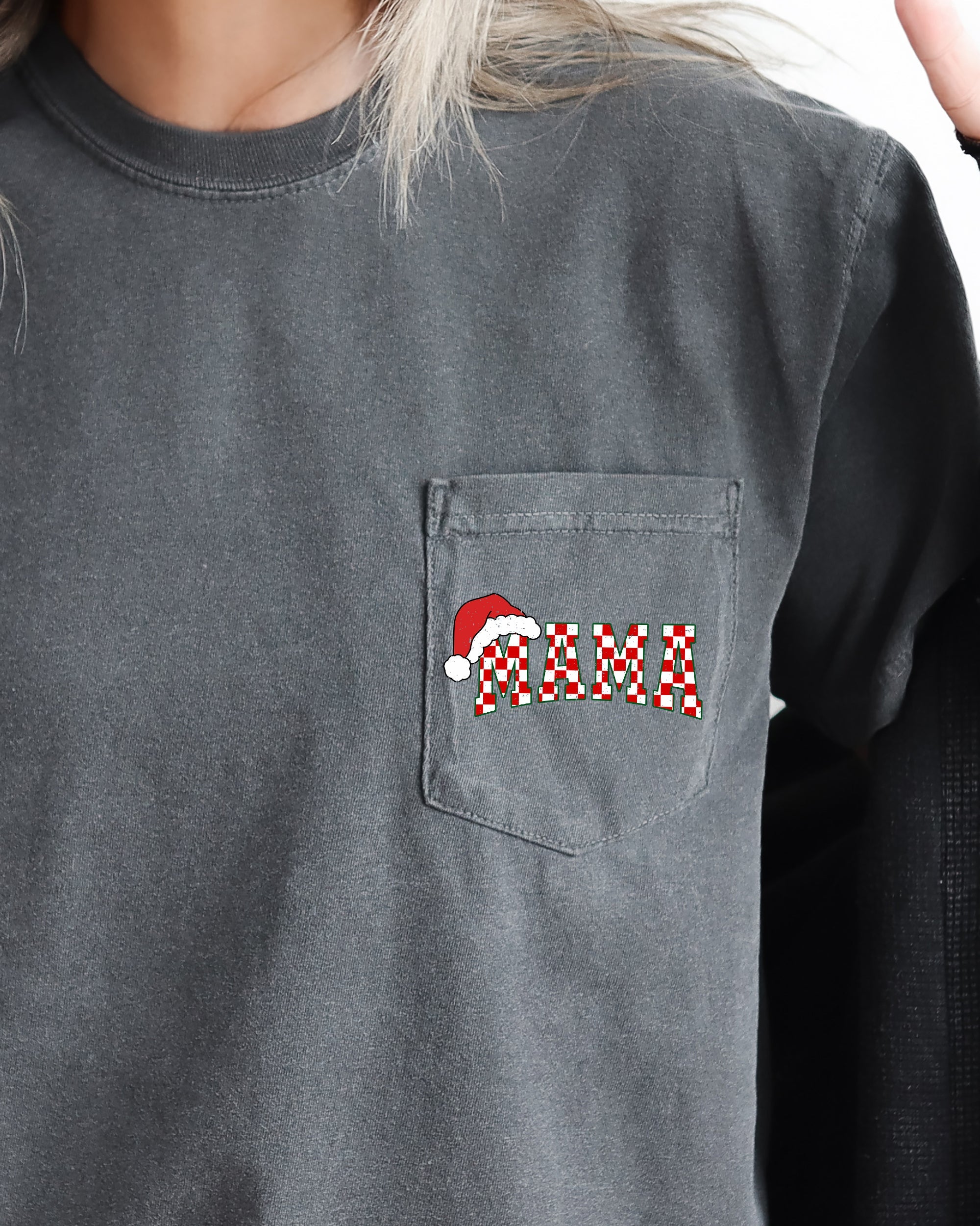 Retro Christmas Mama Checkered Pocket Santa Snow Winter Xmas Edition Comfort Colors Tee