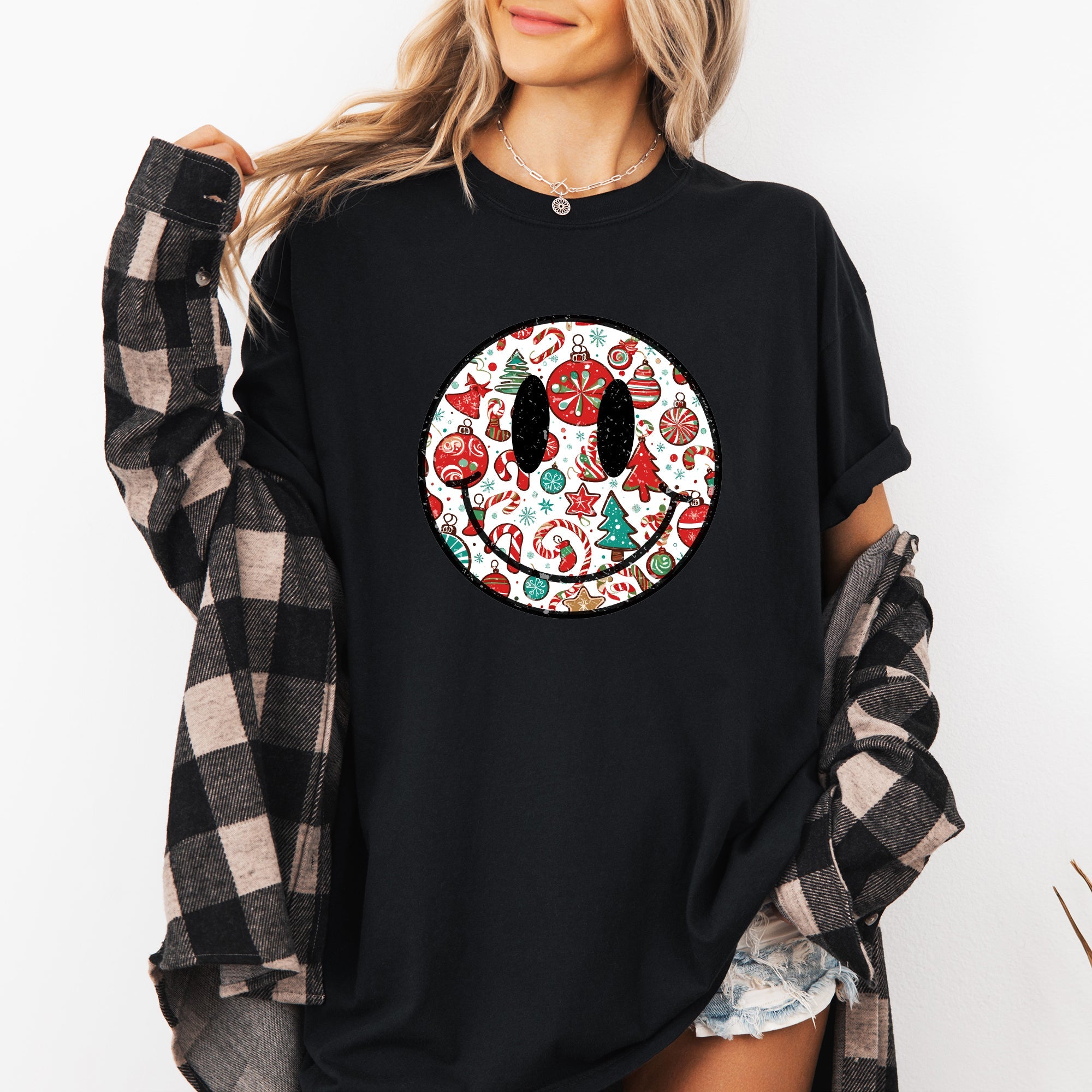 Retro Christmas Smiley Santa Claus Snowy Night Vintage Winter Holiday Party Cheer Comfort Colors Tee