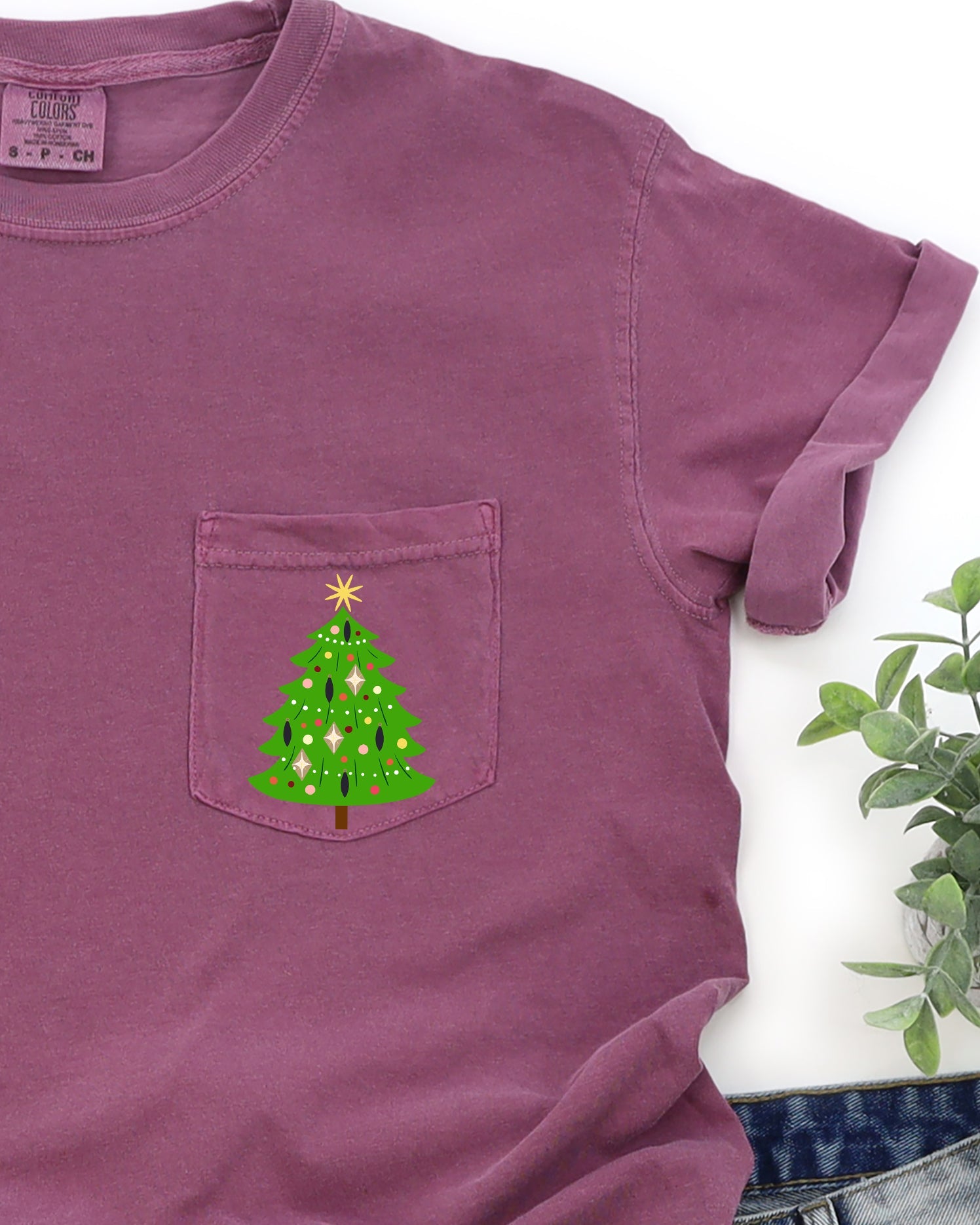 Retro Christmas Tree Pocket Santa Snow Xmas Vintage Seasonal Design Comfort Colors Tee