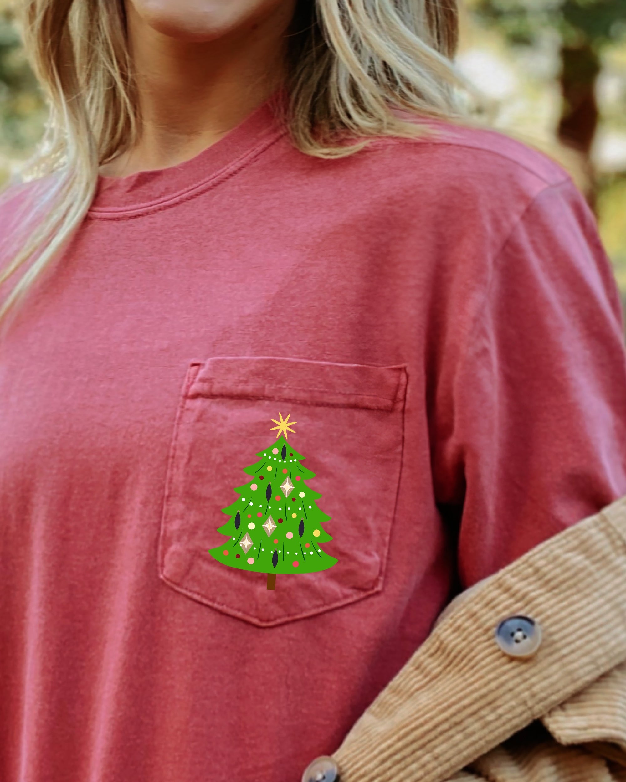 Retro Christmas Tree Pocket Santa Snow Xmas Vintage Seasonal Design Comfort Colors Tee