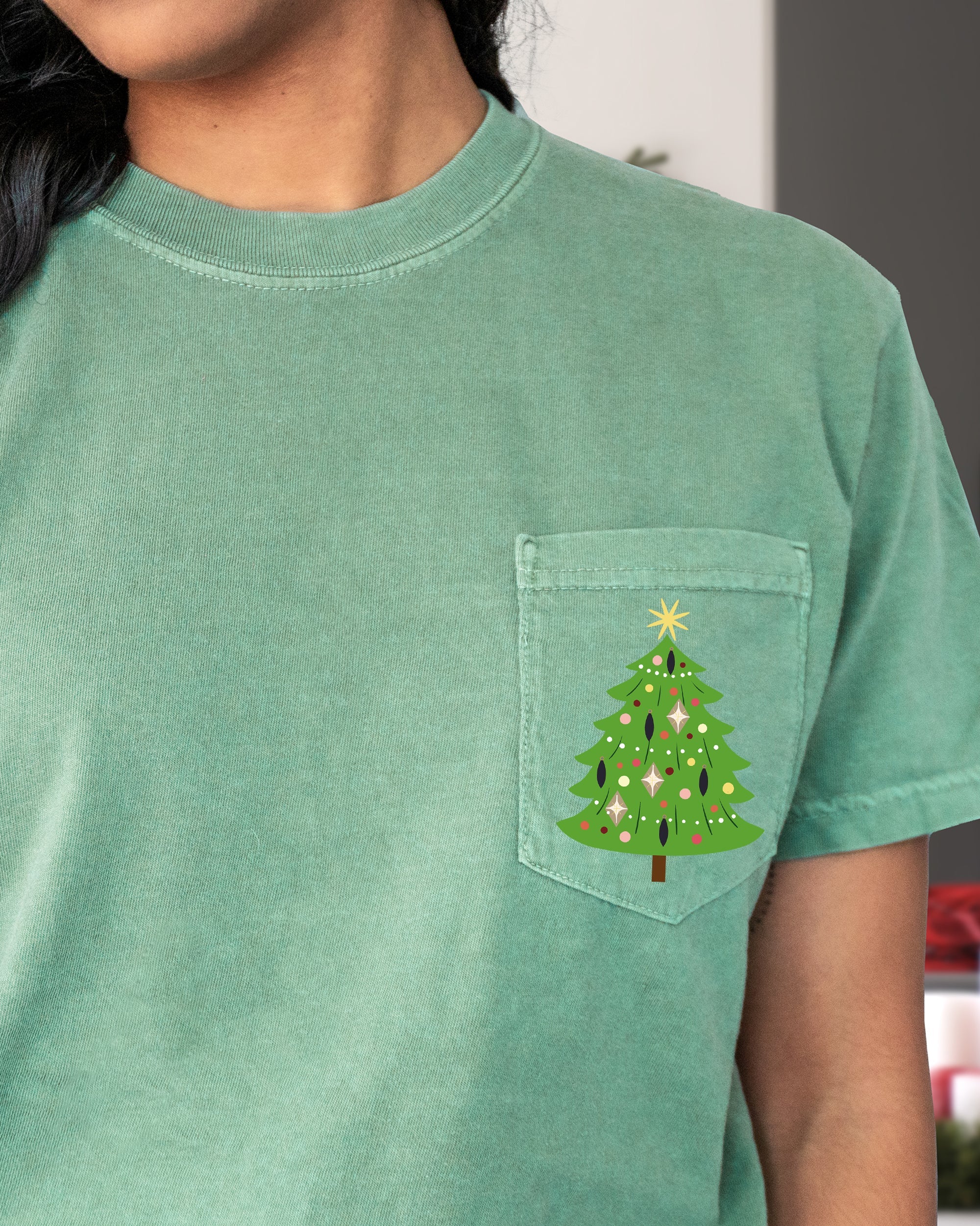 Retro Christmas Tree Pocket Santa Snow Xmas Vintage Seasonal Design Comfort Colors Tee