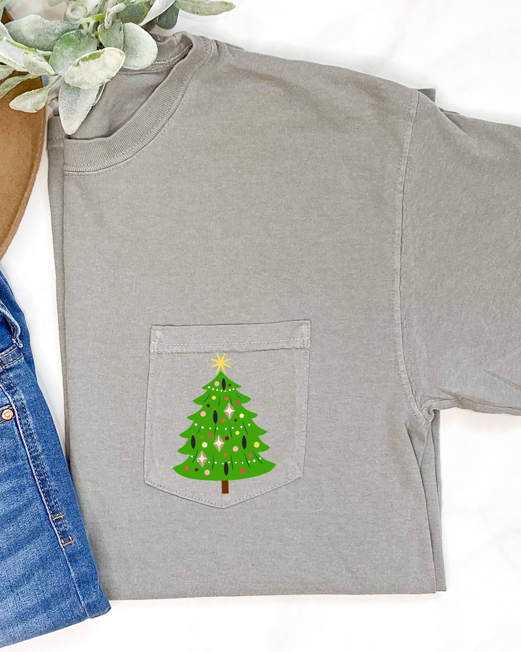 Retro Christmas Tree Pocket Santa Snow Xmas Vintage Seasonal Design Comfort Colors Tee